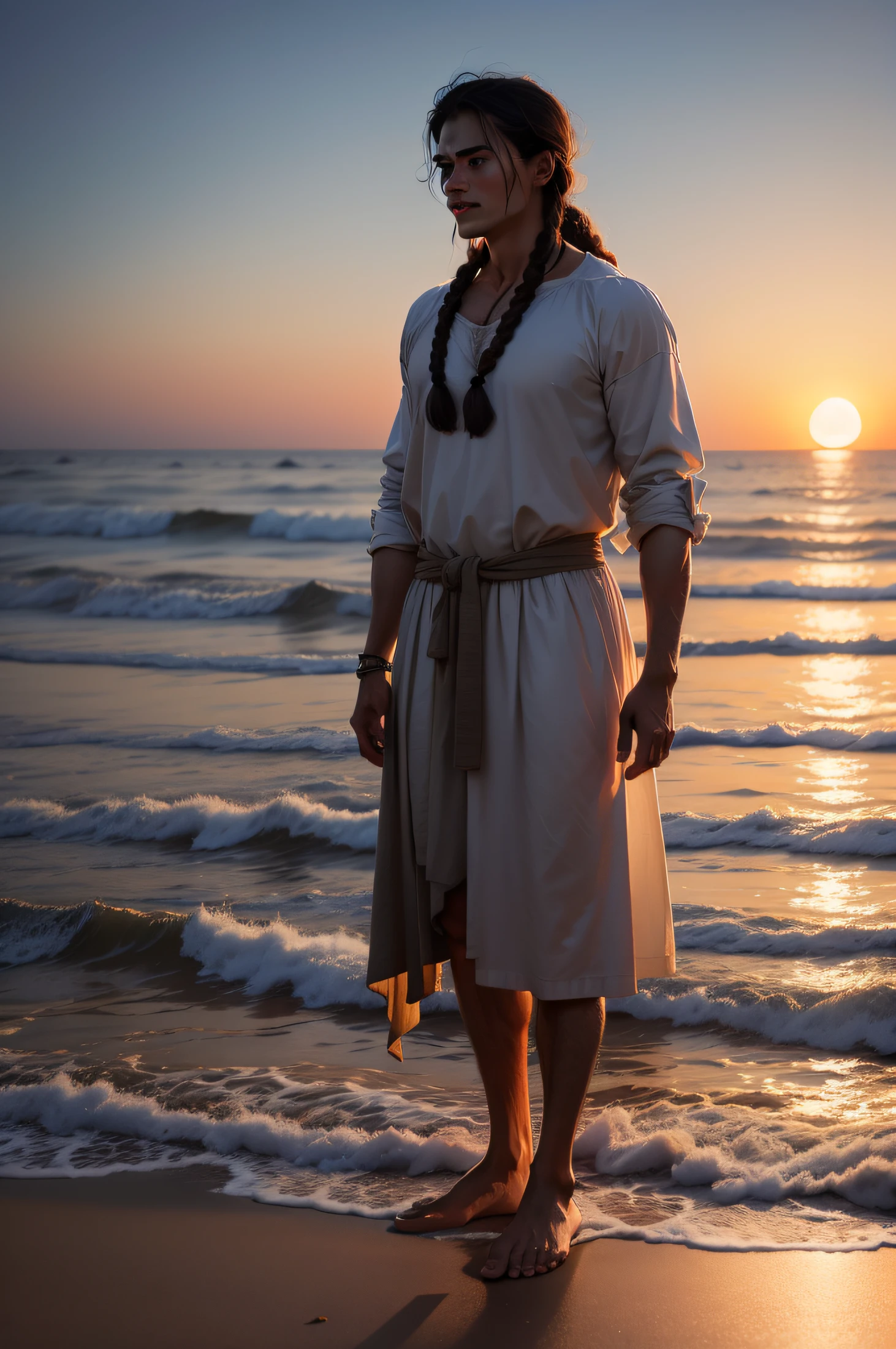 the sea,Ancient man standing,themoon,Sunset