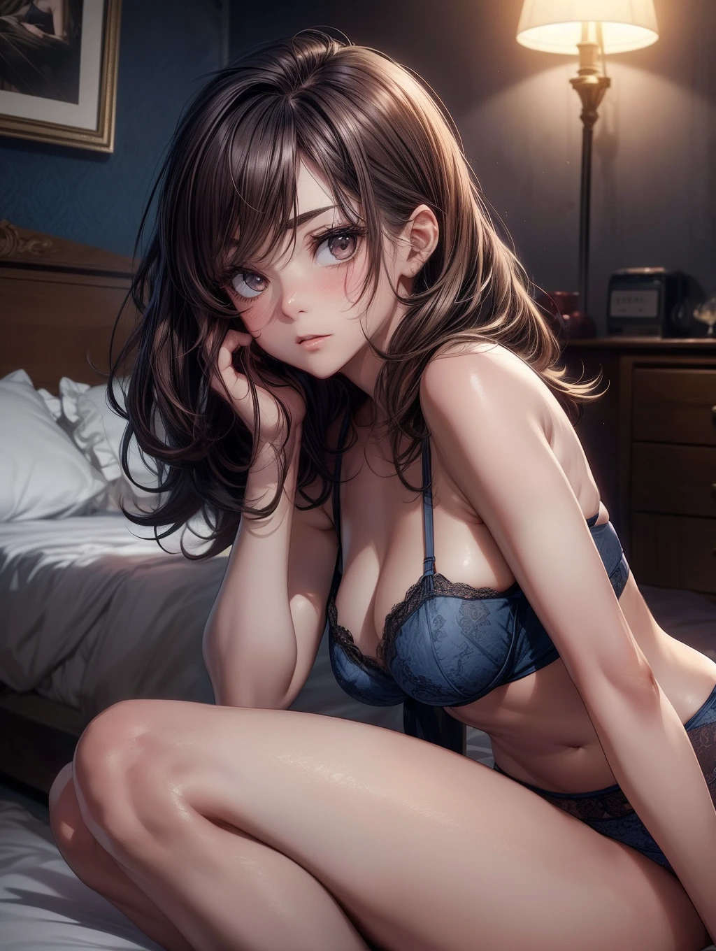 Best Quality, masutepiece, beautiful mature women、Beautiful face、Strong-minded woman、Dark blue underwear、brown haired、Brown-eyed、Longhaire、Undersized eyes、Full body like、hotel、on the beds、Unkempt hair、(((darkened room)))、(((Opening legs)))、(((Embarrassed face)))