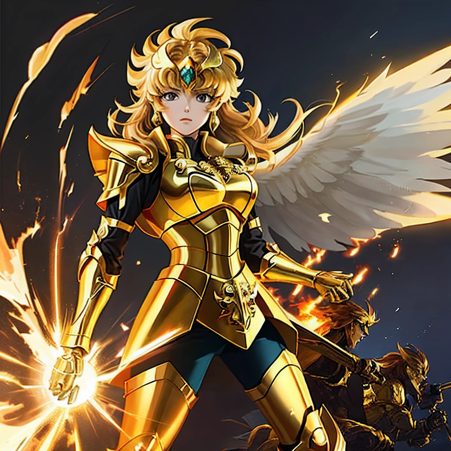 (masterpiece), (best quality), (1girl), girl in golden armor, cool pose, battle field background, fire background, saint seiya armor, messy hair