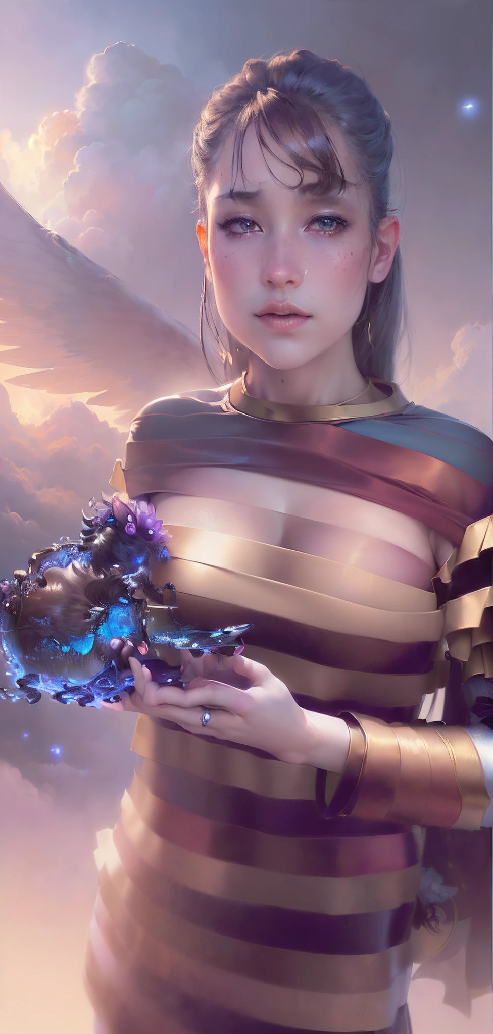 ((best quality)), ((masterpiece)), (detailed), alluring succubus, ethereal beauty, perched on a cloud, (fantasy illustration:1.3), enchanting gaze, captivating pose, delicate wings, otherworldly charm, mystical sky, (Luis Royo:1.2), (Yoshitaka Amano:1.1), moonlit night, soft colors, (detailed cloudscape:1.3), (high-resolution:1.2)