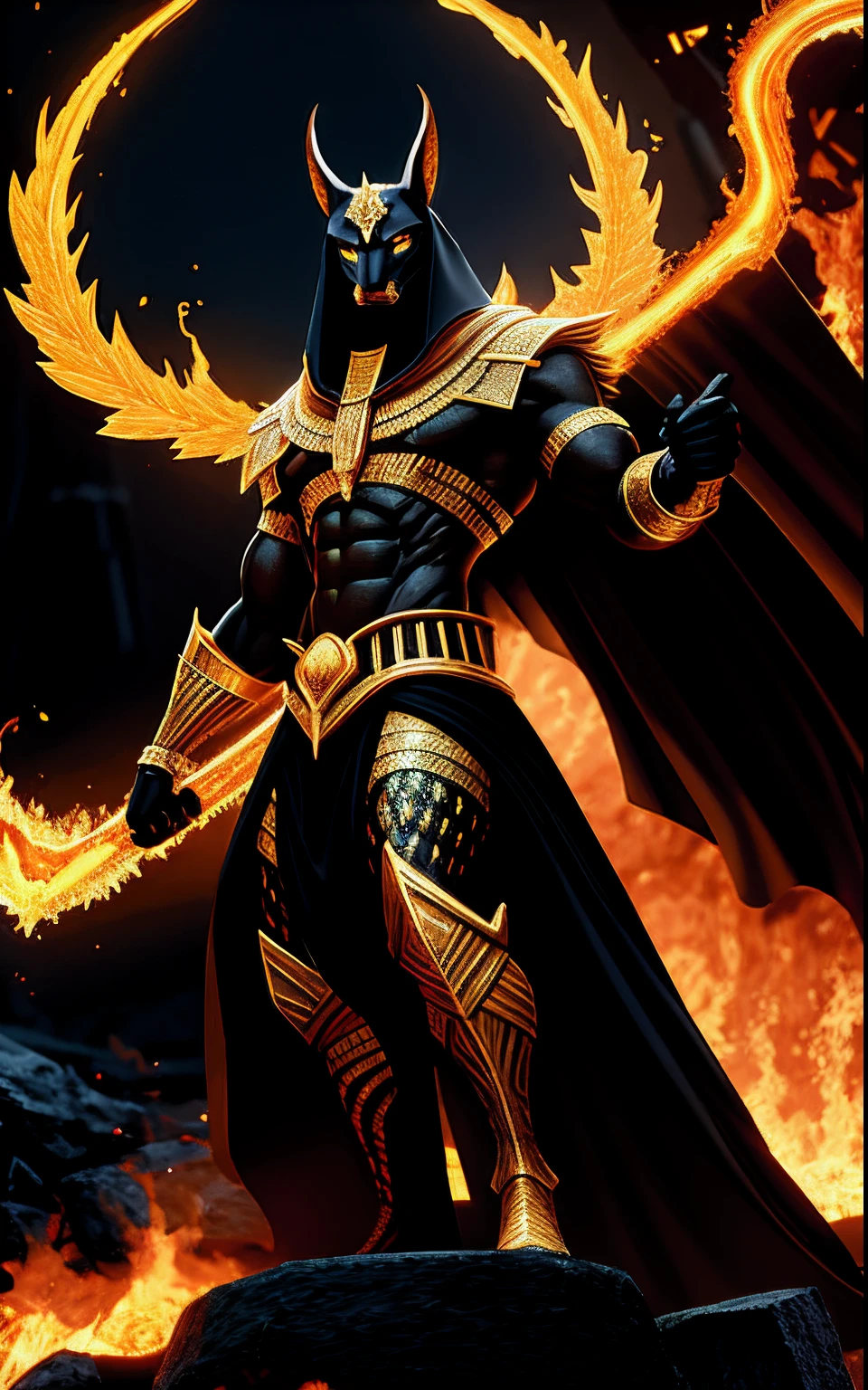 (high quality), photorealistic, (oil painting)
jewelry, (solo),
(dynamic pose), towards right, ((hell gate)), fire, hell landscape, (the underworld), (dark landscape),
anubis, egyptian jackal headed god, anthro, muscular, (holding golden scales), dynamic pose, cinematic, dramatic camera angle, golden armor:0.25, black & gold cape, (good anatomy), (good proportions), award winning, masterpiece, centered,