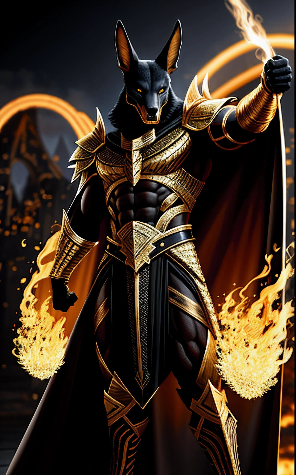 (high quality), photorealistic, (oil painting) jewelry, (solo), (dynamic pose), towards right, ((hell gate)), fire, hell landscape, (the underworld), (dark landscape), anubis, egyptian jackal headed god, anthro, muscular, (holding golden scales), dynamic pose, cinematic, dramatic camera angle, golden armor:0.25, black & gold cape, (good anatomy), (good proportions), award winning, masterpiece, centered,