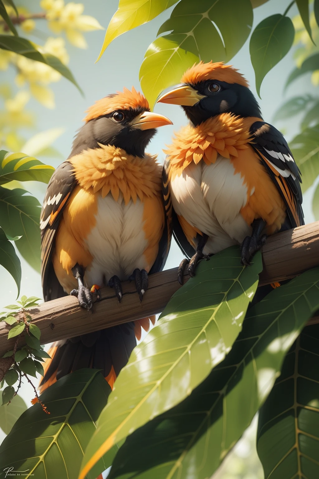 Two oriole birds,dense with greenery,Faintly seen in the leaves