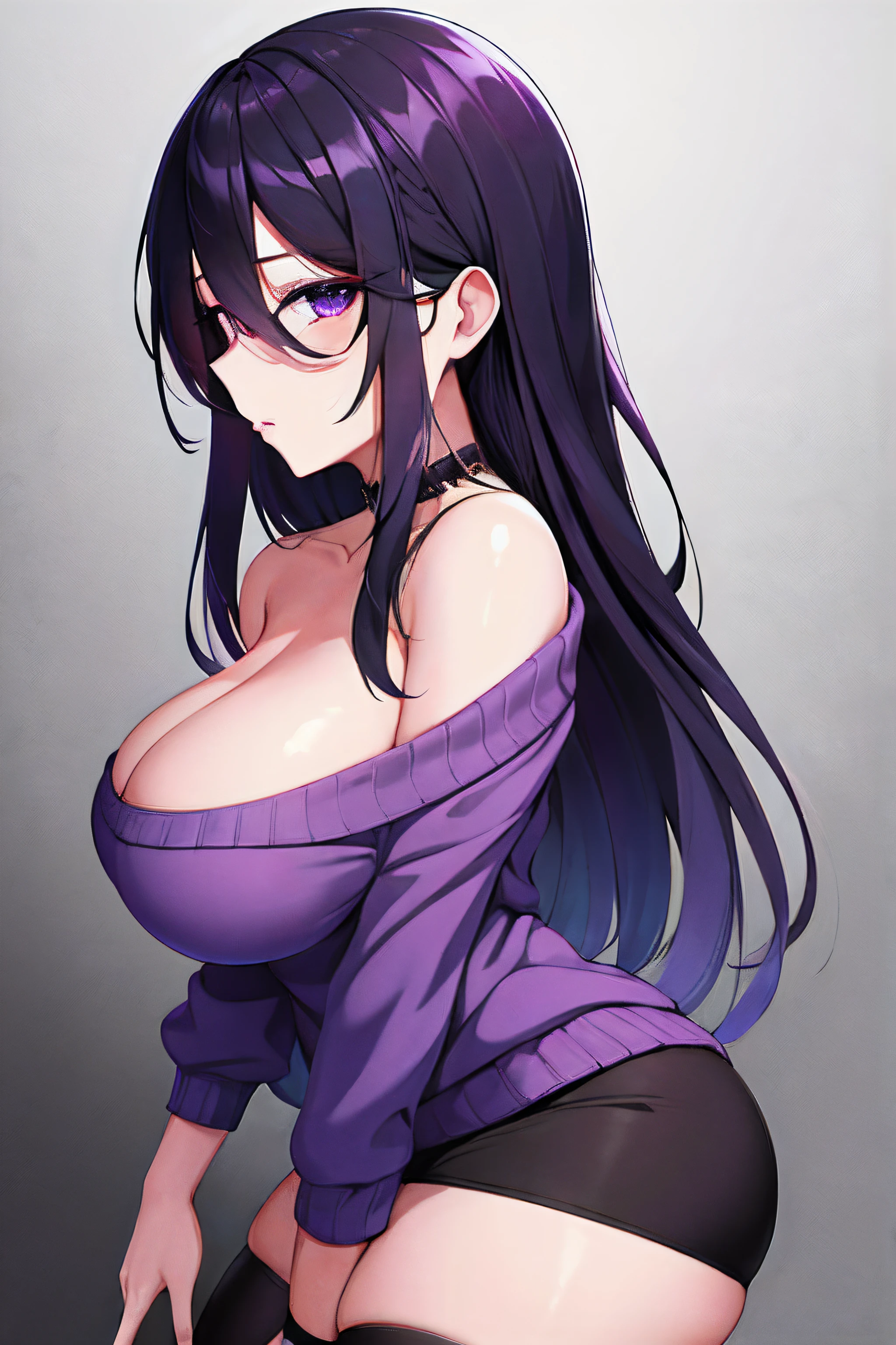 1girl, solo,purplr theme,looking at viewer,large breasts,portrait,from side,bad-girl,((mature female)),purple sweater,offshoulder,collarbone,black skirt,thick thighs,black thighhighs, purple eyes,long black hair,hair on one eye,shiny skin