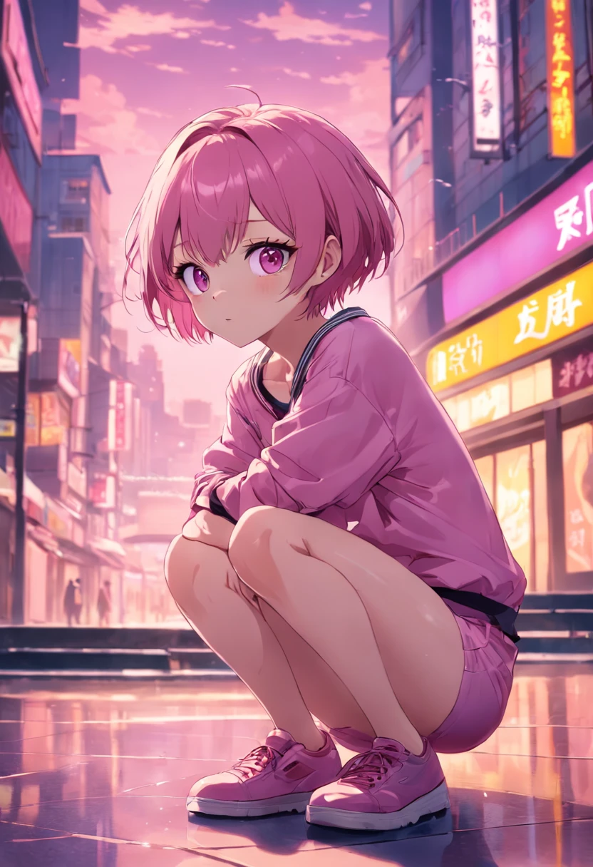 red pupils,Lazy expression,Short pink hair and white stockings,Purple and yellow clothes,JK Campus,Cute smile