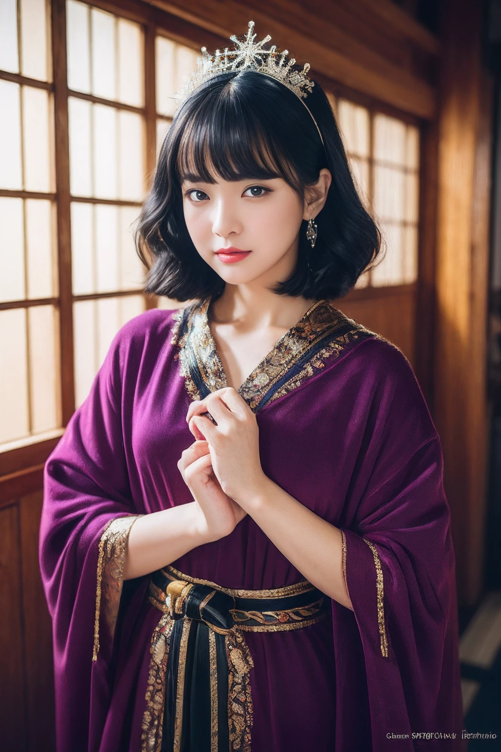 32K（tmasterpiece，k hd，hyper HD，16k）Black hair short hair，Vintage wooden train in the back room，Snowflake girl ，Protector of the Golden Dragon （realisticlying：1.4）Black hair，Python pattern robe，Purple-pink tiara，Snowflakes fluttering，Black hair，The background is pure， A high resolution， the detail， RAW photogr， Sharp Re， Nikon D850 Film Stock Photo by Jefferies Lee 4 Kodak Portra 400 Camera F1.6 shots, Rich colors, ultra-realistic vivid textures, Dramatic lighting, Unreal Engine Art Station Trend, cinestir 800，Black hair