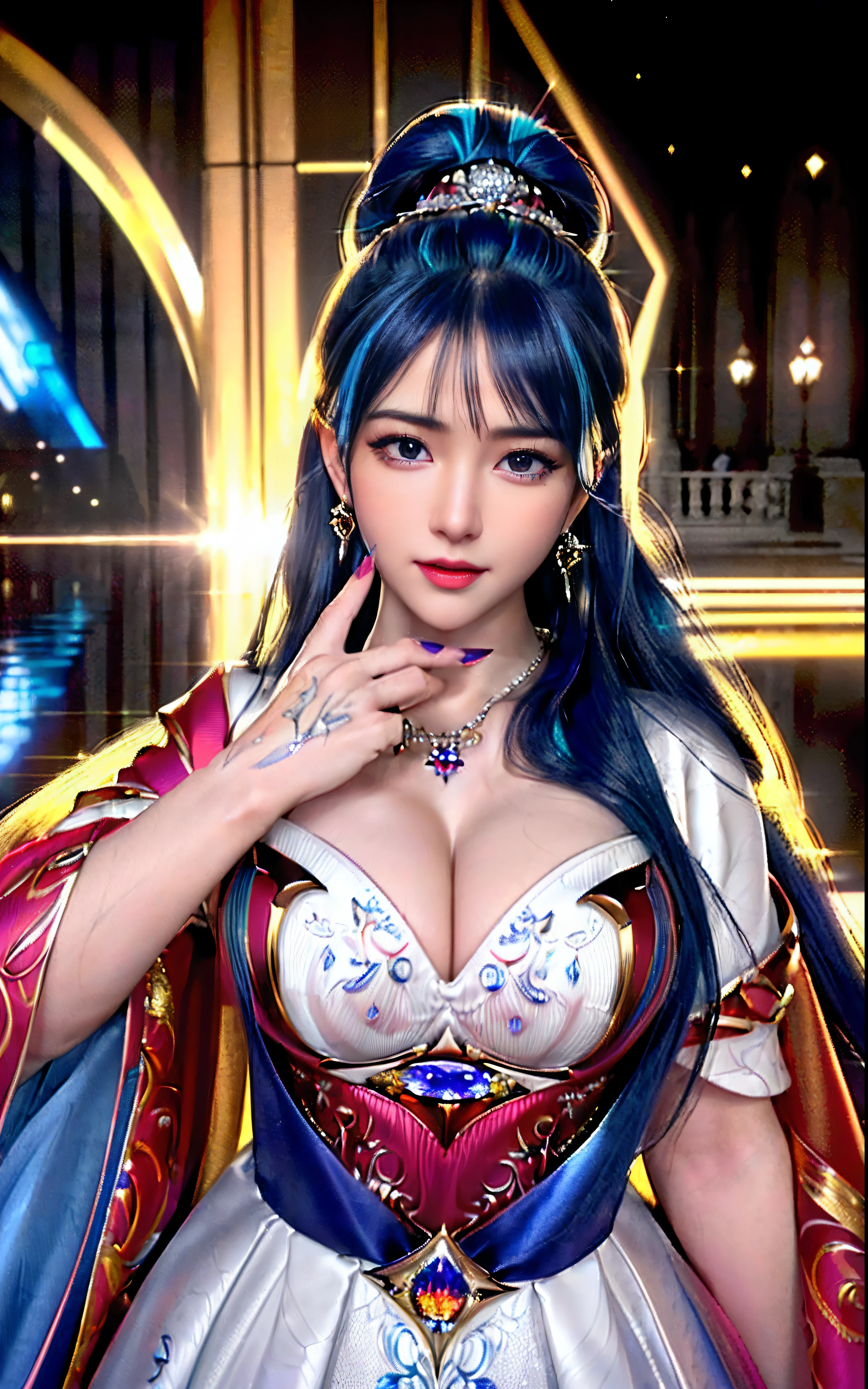 ((realisticity: 1.2)), ((realistic: 8K UHD)), ((best resolution: 8K UHD)), hyper detailed, best quality,masterpiece,highres,cg, ((1 girl hyper detailed and hyper realistic) ) , ((beautiful queen, hyper realistic and hyper detailed)),((white skin, beautiful, smooth, youthful, hyper realistic and hyper detailed )), ((Face hyper beautiful, white, hyper realistic and hyper detailed ) ), long hair, ((hyper realistic and hyper detailed dress)), solo, ((hyper realistic, hyper beautiful, beautiful and hyper detailed jewelry)), ((hyper beautiful deep red and golden yellow dress, hyper realistic and hyper detailed )) , ((Her pretty, hyper realistic, hyper detailed diamond filled earrings)), ((Her gorgeous diamond haircut, hyper realistic and hyper detailed)), ((hyper pretty upper body, hyper beautiful, hyper realistic and hyper detailed) ), ((medium breast: 1.1)), ((hyper realistic, hyper pretty, hyper detailed boobs)), ((the backgroun of the royal palace is hyper majestic, hyper realistic and hyper detailed)),((hands and palms hyper beautiful, hyper detailed, hyper realistic)), ((hyper detailed and hyper realistic fingers and fingernails)), ((hyper pretty fingernails, hyper vivid, hyper detailed, hyper realistic)), ((thumb, index finger, middle finger, ring finger, little finger hyper vivid, hyper pretty, hyper detailed, hyper realistic)),  
((hyper beautiful fingers, hyper detailed, and hyper realistic)), ((posture not too fat and not too thin, hyper realistic, hyper detail)), ((hyper pretty, hyper pretty, hyper realistic and hyper detailed hair bun)), ((hyper pretty , hyper realistic and hyper detailed blue hair)), candid, Photo, high resolution, 8k , bokeh,