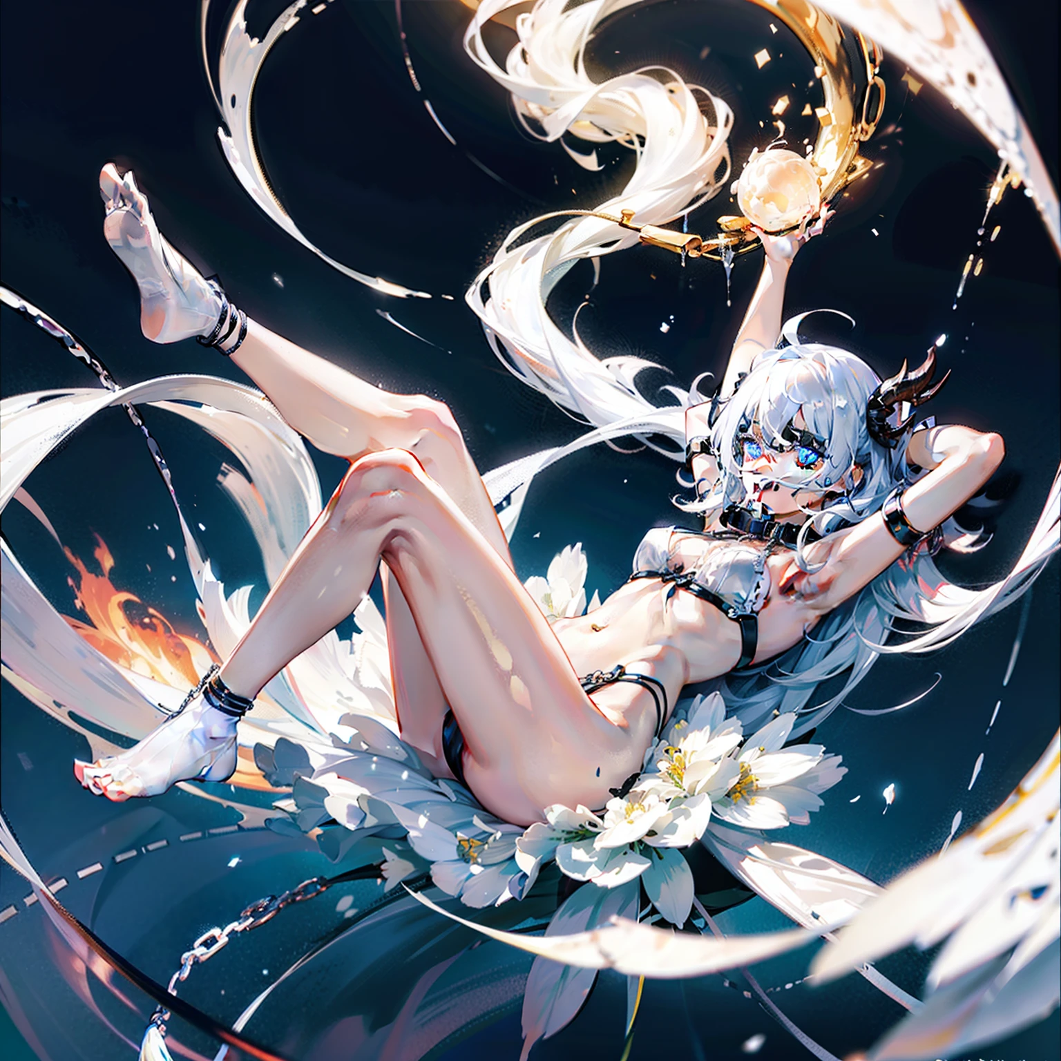The girl has white hair,A dragon's tail grows from the girl's ass,Blue eyes,The girl has a beautiful face,with two legs,The girl's face is human,hands raised overhead,The girl showed her armpits。White stockings on her legs,The girl was not wearing any clothes,Girl exposes her sexual organs,Girls wear only underwear and bras,white liquid on your face。There is a white liquid on the body。There is a white liquid next to the girl。A dog collar around his neck。The dog collar is connected with a chain。The girl opened her mouth wide,Sticking out his tongue,Bare shoulders and abdomen completely,The girl gasped。Slim legs,delicated face,The girl has white liquid on her face,Small and delicate feet。The thighs and calves are fully presented in front of me。No shoes on,The girl has a collar on her ankle,The collar is connected by iron chains。The girl has a collar on her thigh,The collar is connected by a chain,There is a lot of white liquid on the girl。There was a black tentacle wrapped around the girl's abdomen,