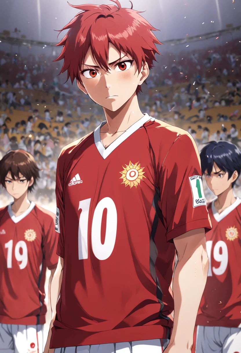 Sakuragi Hanamichi has short dazzling red hair,The hairstyle is messy and stubborn。He wears a white jersey with a short red ball,The back of the jersey bears his name "Sakuragi Hanamichi" and the number 10。He was tall and thin,Healthy complexion, sunflower color。On the pitch,His expression was full of blood and fighting spirit,There is determination and focus in his eyes,The action is exaggerated and explosive。He has an impulsive but warm and kind personality,Highly enterprising and unyielding。He treats his teammates as his own,Excellent relationship with teammates。At a critical moment,He will dunk with one hand,Complete super difficult goals。When the game ends,He excitedly celebrated the victory with his teammates,A smile of ecstasy on his face,There were faint tears in his eyes,It shows his dedication and enthusiasm for victory