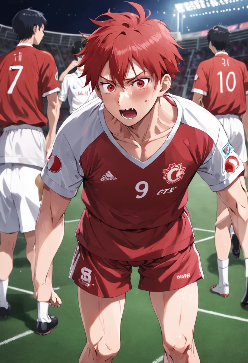 Sakuragi Hanamichi has short dazzling red hair,The hairstyle is messy and stubborn。He wears a white jersey with a short red ball,The back of the jersey bears his name "Sakuragi Hanamichi" and the number 10。He was tall and thin,Healthy complexion, sunflower color。On the pitch,His expression was full of blood and fighting spirit,There is determination and focus in his eyes,The action is exaggerated and explosive。He has an impulsive but warm and kind personality,Highly enterprising and unyielding。He treats his teammates as his own,Excellent relationship with teammates。At a critical moment,He will dunk with one hand,Complete super difficult goals。When the game ends,He excitedly celebrated the victory with his teammates,A smile of ecstasy on his face,There were faint tears in his eyes,It shows his dedication and enthusiasm for victory