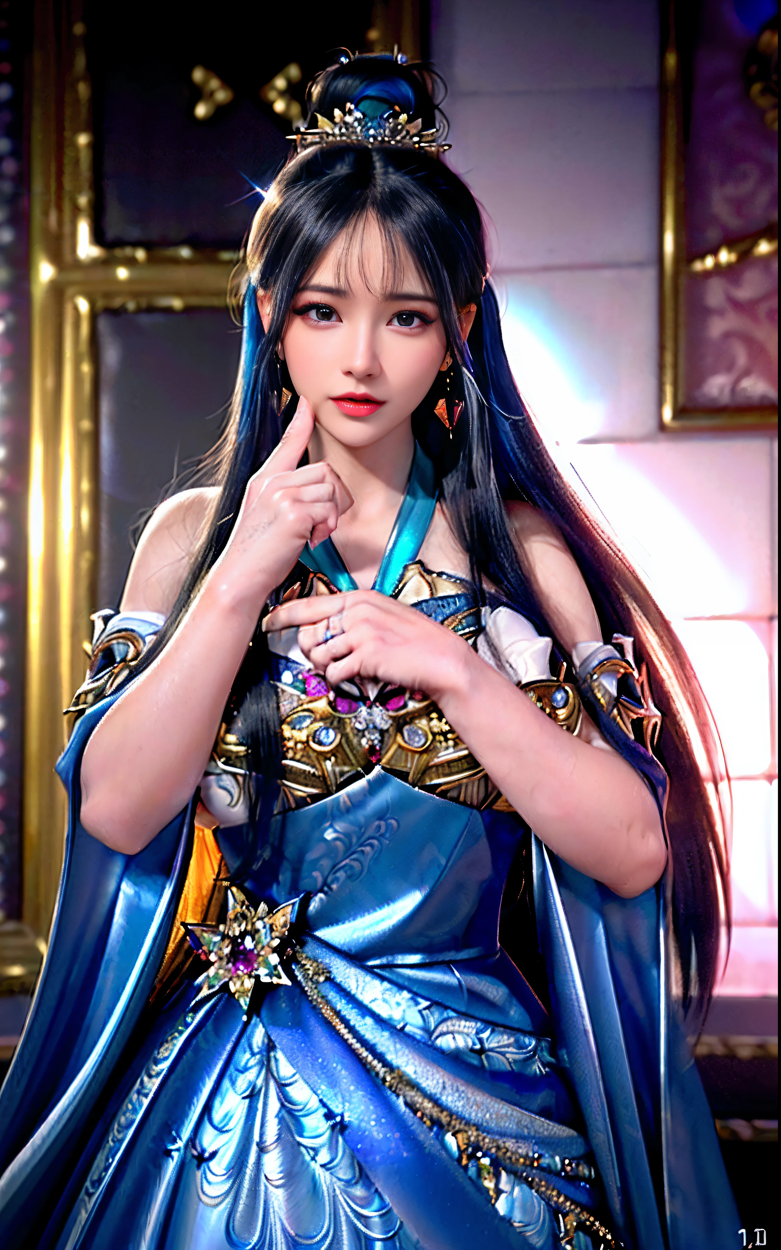 ((realisticity: 1.2)), ((realistic: 8K UHD)), ((best resolution: 8K UHD)), hyper detailed, best quality,masterpiece,highres,cg, ((1 girl hyper detailed and hyper realistic) ) , ((beautiful queen, hyper realistic and hyper detailed)),((white skin, beautiful, smooth, youthful, hyper realistic and hyper detailed )), ((Face hyper beautiful, white, hyper realistic and hyper detailed ) ), long hair, ((hyper realistic and hyper detailed dress)), solo, ((hyper realistic, hyper beautiful, beautiful and hyper detailed jewelry)), ((hyper beautiful deep red and golden yellow dress, hyper realistic and hyper detailed )) , ((Her pretty, hyper realistic, hyper detailed diamond filled earrings)), ((Her gorgeous diamond haircut, hyper realistic and hyper detailed)), ((hyper pretty upper body, hyper beautiful, hyper realistic and hyper detailed) ), ((medium breast: 1.1)), ((hyper realistic, hyper pretty, hyper detailed boobs)), ((the backgroun of the royal palace is hyper majestic, hyper realistic and hyper detailed)),((hands and palms hyper beautiful, hyper detailed, hyper realistic)), ((hyper detailed and hyper realistic fingers and fingernails)), ((hyper pretty fingernails, hyper vivid, hyper detailed, hyper realistic)), ((thumb, index finger, middle finger, ring finger, little finger hyper vivid, hyper pretty, hyper detailed, hyper realistic)),
((hyper beautiful fingers, hyper detailed, and hyper realistic)), ((posture not too fat and not too thin, hyper realistic, hyper detail)), ((hyper pretty, hyper pretty, hyper realistic and hyper detailed hair bun)), ((hyper pretty , hyper realistic and hyper detailed blue hair)), candid, Photo, high resolution, 8k , bokeh,