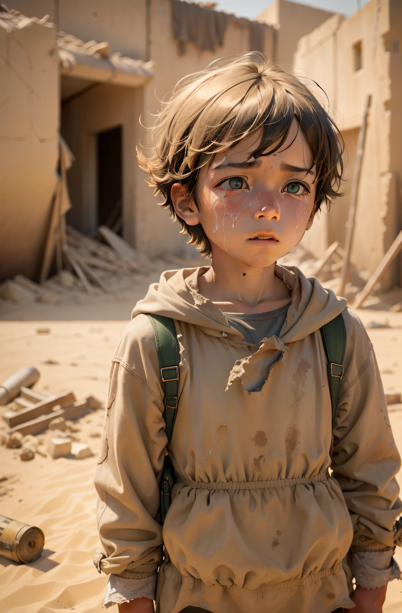 tmasterpiece，best qualtiy，cinematic Film still from，A little boy in the ruins of the post-war period，Armageddon，Sand and dust，tired eyes，Yellow sand background，Super light and shadow，Super textured，grieves，in style of hayao miyazaki，Crying with a worn-out school bag