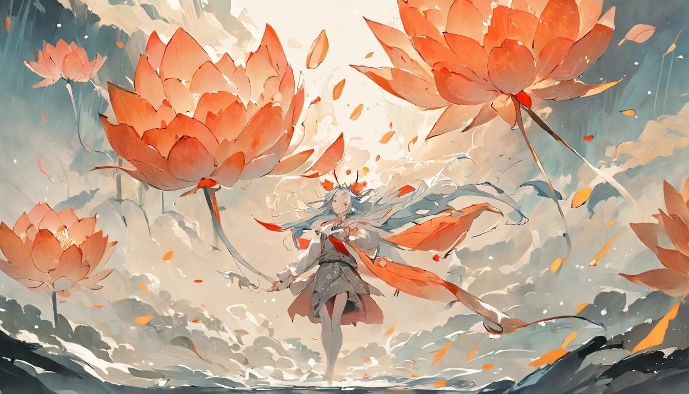 There is no pperson。。。, large lotus leaf, lotuses, Ink painting style, Clean colors, Ink style, polluted, decisive cutting, White space, impressionistic, Masterpiece, Super detailed, Epic composition, High quality, Highest quality, Lotus fairy, Ancient style, Dunhuang Flying Sky，Red koi