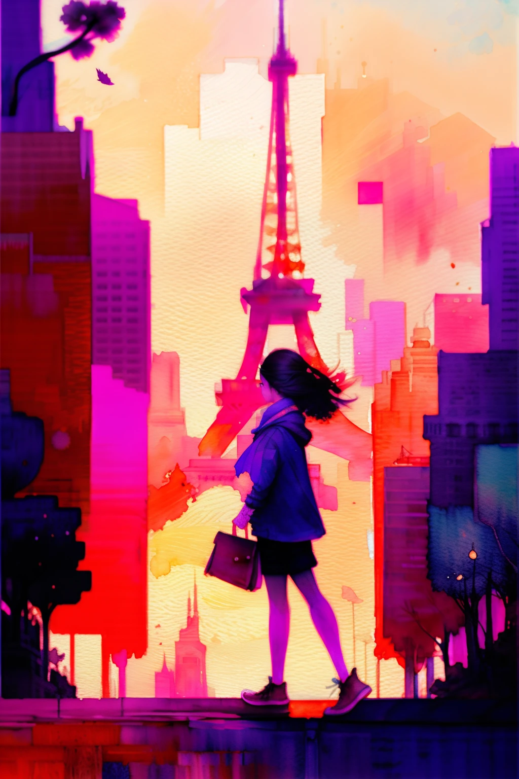 wtrcolor style, (rose) digital art, official art, drifting in the wind, masterpiece, beautiful, ((watercolor)), paint splash, intricate details. Very detailed, [dripping:0.7], trends on Artstation, Rachel Walker, Chinese woman, single eyelids, small eyes, soft looks. Behind it is the Eiffel Tower in Paris.