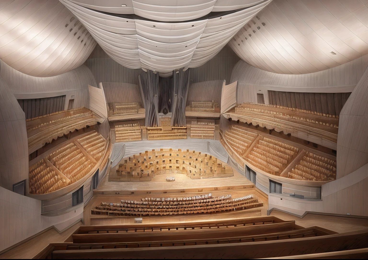 a drawing of a concert hall with a large organ and choir, salle de concert, Complet - Vue, concert, A LOT OF DETAILS, Very detailed!, Interior view, Coupe, Concept Art of anime sets, hyperdetailed!, illustration architecturale, orchestre, Giant room, architectural drawing, Opening scene, Studio Ghibli Smooth Concept Art, Illustration officielle, musical, high detail concept art