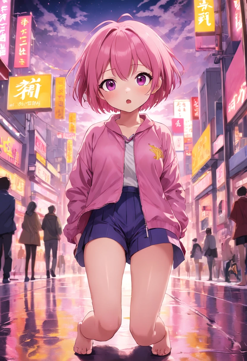 pink short hair，Purple pupils，yellow clothing，JK Campus，Good-looking legs，laughingly，lakeside