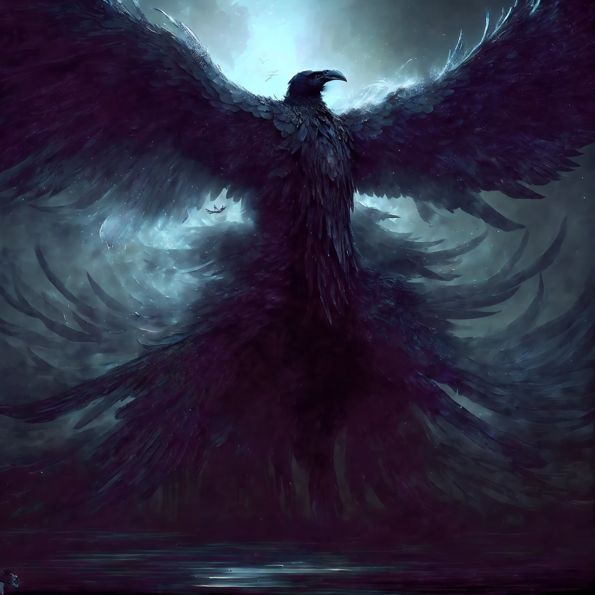 a close up of a bird with wings spread out in the dark, dark feathered wings, raven monster, black wings instead of arms, dark crow, dark fantasy style art, raven wings, dark fantasy art, in style of dark fantasy art, fantasy dark art, huginn and muninn flying above, dark fantasy digital art, dark fantasy oil painting, raven
