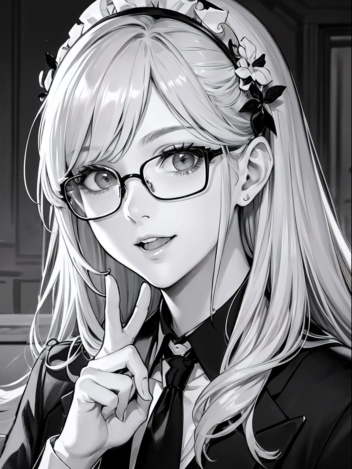 masterpiece、top-quality、hight resolution、High-quality images、8K、1maidennurse、detaileds、Detailed eye depiction、skin gloss、shinny hair、Monochrome grayscale、cabelos preto e longos、Soft hair、Lisa、Speciality、Glasses、disguise、False beard、Men's Suit、Loosened tie、Thin laughter