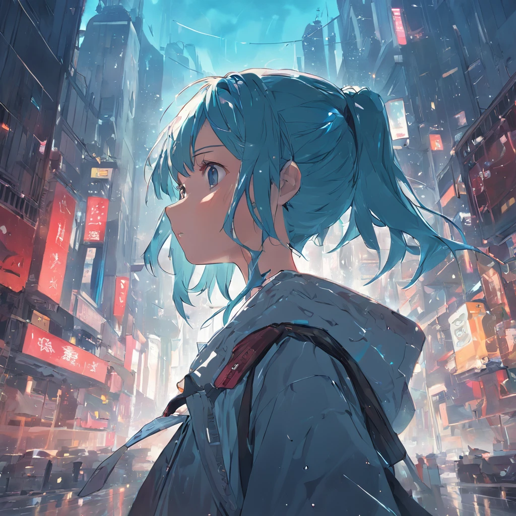 (Best Quality), ((Masterpiece), (High Resolution), Illustration, Original, Extremely detailed wallpaper, 1girlBeautiful detailed sky, cinematic lighting, dramatic angles,Extremely detailed CG Unity 8k wallpaper, movie highlight hair, studio photography, street, Holding Starbucks in hand, standing on the bustling streets, rainy day, melancholy, looking up, Burberry trench, plant, crown, Lonely girl (girl: 1), Turquoise blue eyes, ponytail,(black: 1.2), (yellow: 0.5), (blue: 1), (red: 0.4), (white: 0.9)