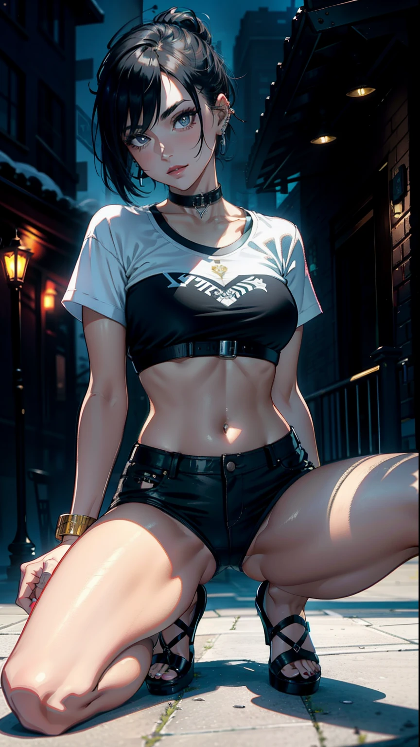 ​masterpiece, top-quality,  Detailed details, Detailed landscapes, beatiful lights, Beautiful Shadows, Female sexy, 28 year old,((scarface)),Black eyes,Mischievous smile, A wistful look,eye liner,Very short hair,bangle,a choker,piercings,hotpants,((Ultra-low rise)),(ＴShirt), Navel Ejection,Kneeling,bars,waitresses、open one's legs,detailed skin textures, Tyndall effect,(NSFW:1.1)