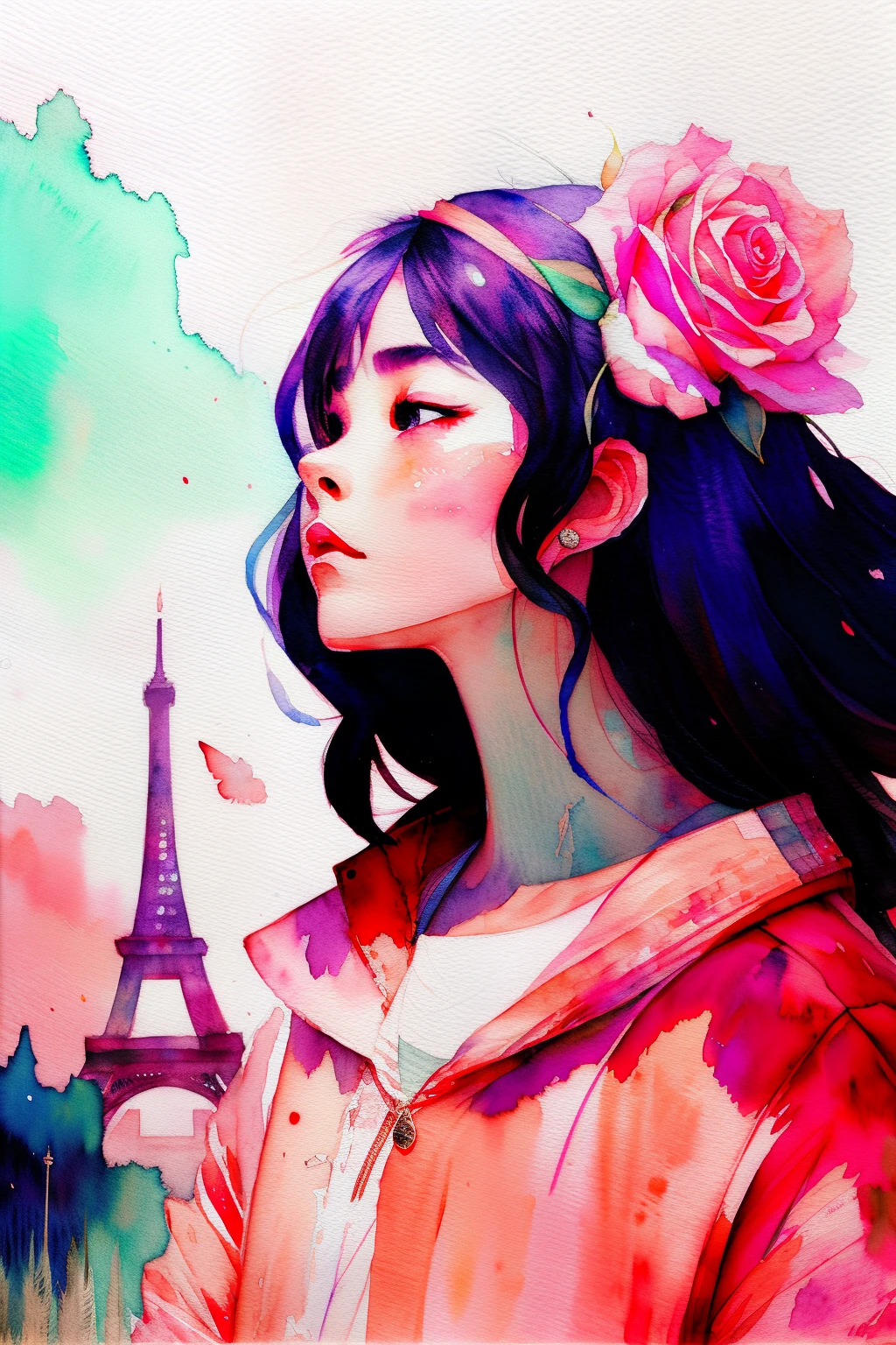 wtrcolor style, (rose) digital art, official art, drifting in the wind, masterpiece, beautiful, ((watercolor)), paint splash, intricate details. Very detailed, [dripping:0.7], trends on Artstation, Rachel Walker, Chinese woman, single eyelids, small eyes, soft looks. Behind it is the Eiffel Tower in Paris.