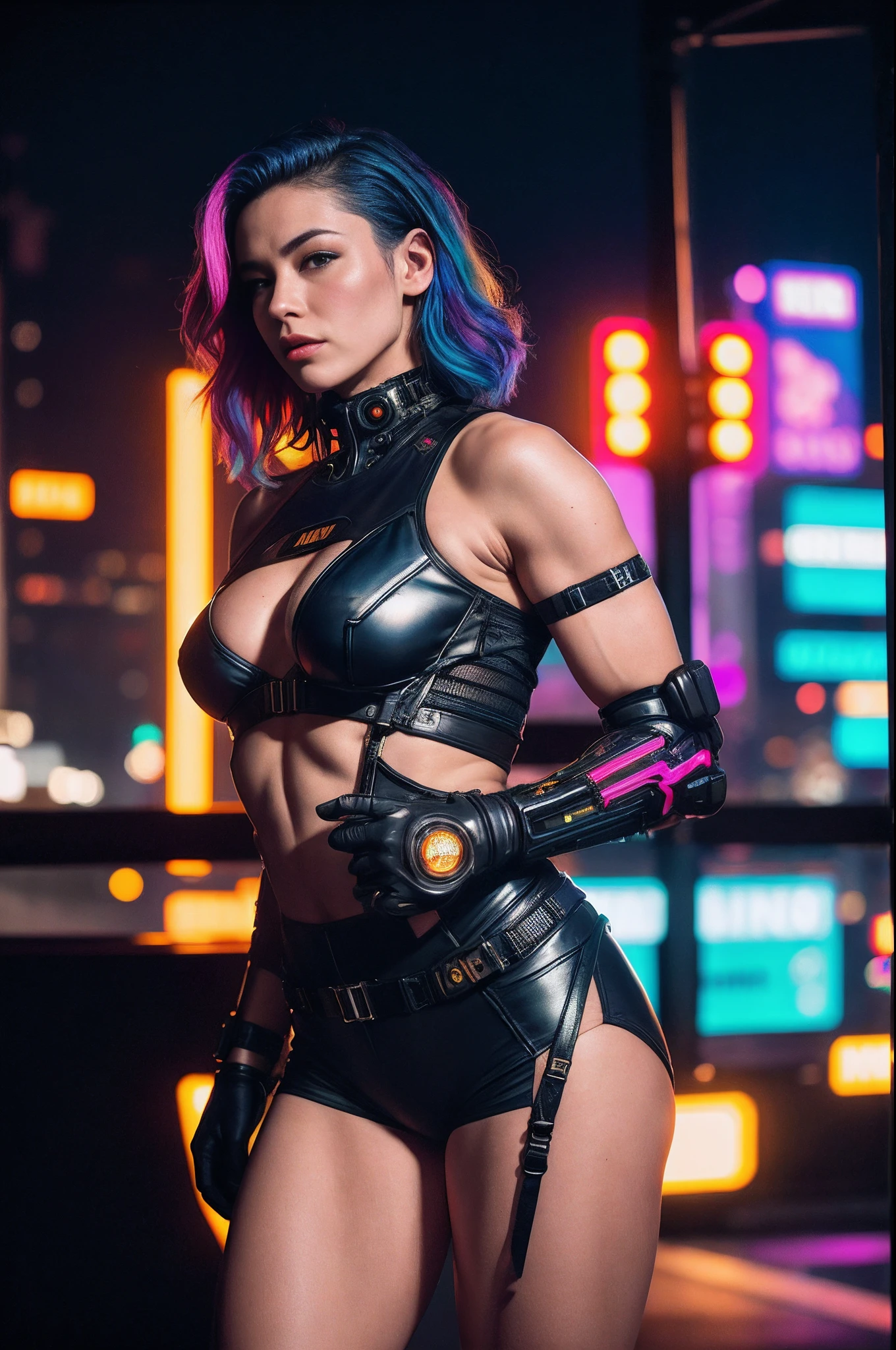 Masterpiece, a beautiful female mech pilot, (Alyssa Sutherland:Janeane Garofalo:0.5), (cyberpunk city at night background), partially transparent sexy cyberpunk outfit, (small breasts), strong muscular body, short multicoloured hair, undercut, legs, cyberpunk aesthetic, (skin texture:1.1), best quality, ultra high res, (photorealistic: 1.4), Raw photo, by Ellen von Unwerth, Nikon D850 Film Stock Photography, F1.6 Lens, Rich Colors, Realistic, Cinestill 800, backlight, rimlighting, studiolighting