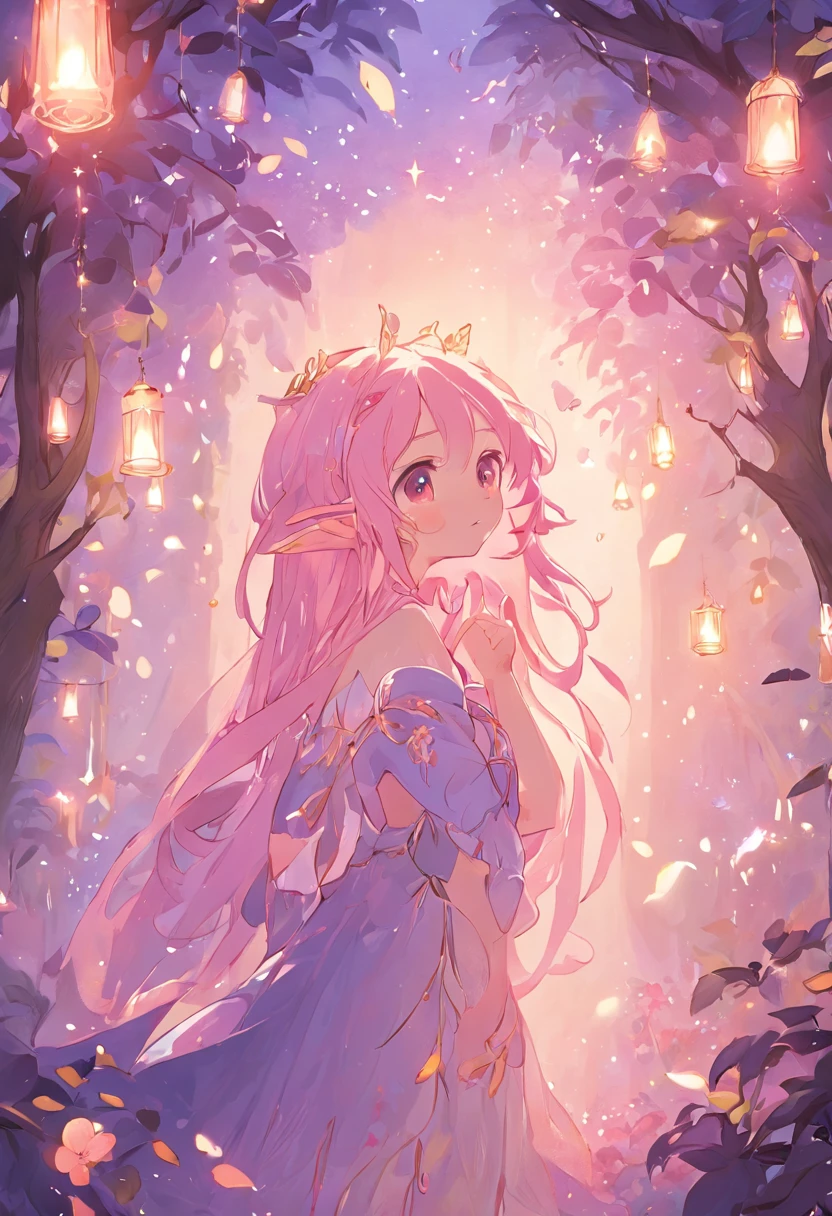Image type:illustration、Fantasy painting theme:tiny faeries(Highest definition)(cute facial features) Details keywords:ln the forest、Wisteria rose、As estrelas、the elf、(ultra intricately detailed) enviroment:mistic、peacful、Huge lighting effects:Soft sunlight shining on the face of the elf composition:Genie in the center of the picture,Forests and wisteria roses form the background,Elf watching wisteria rose by the tree Art style:fanciful、dream magical、Delicate drawing technique、pastelcolor