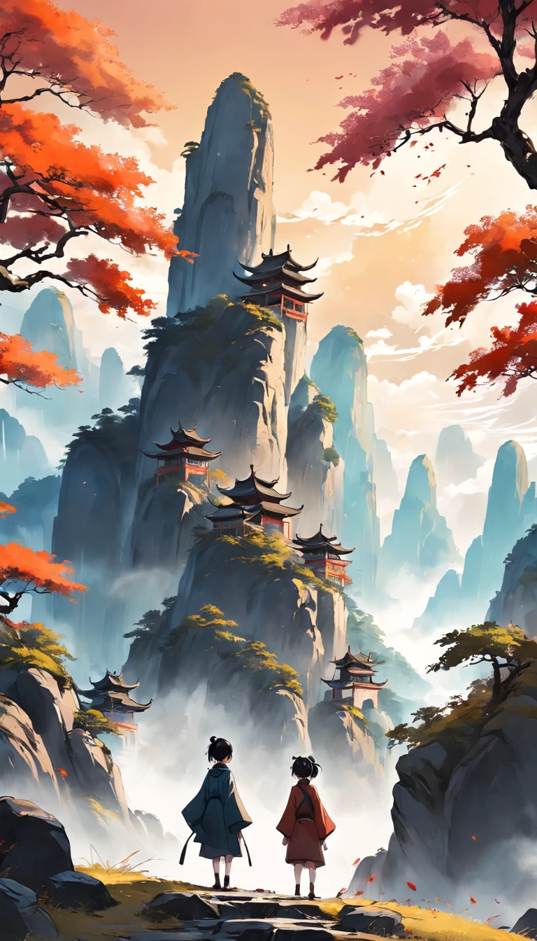 Chinese Landscape Ink Painting Low Angle Perspective OC Rendered Sculpture, trees and hills, morning vibes with sun, 4K