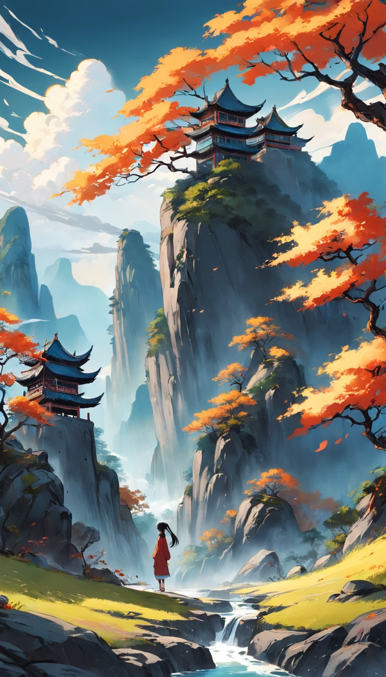 Chinese Landscape Ink Painting Low Angle Perspective OC Rendered Sculpture, trees and hills, morning vibes with sun, 4K