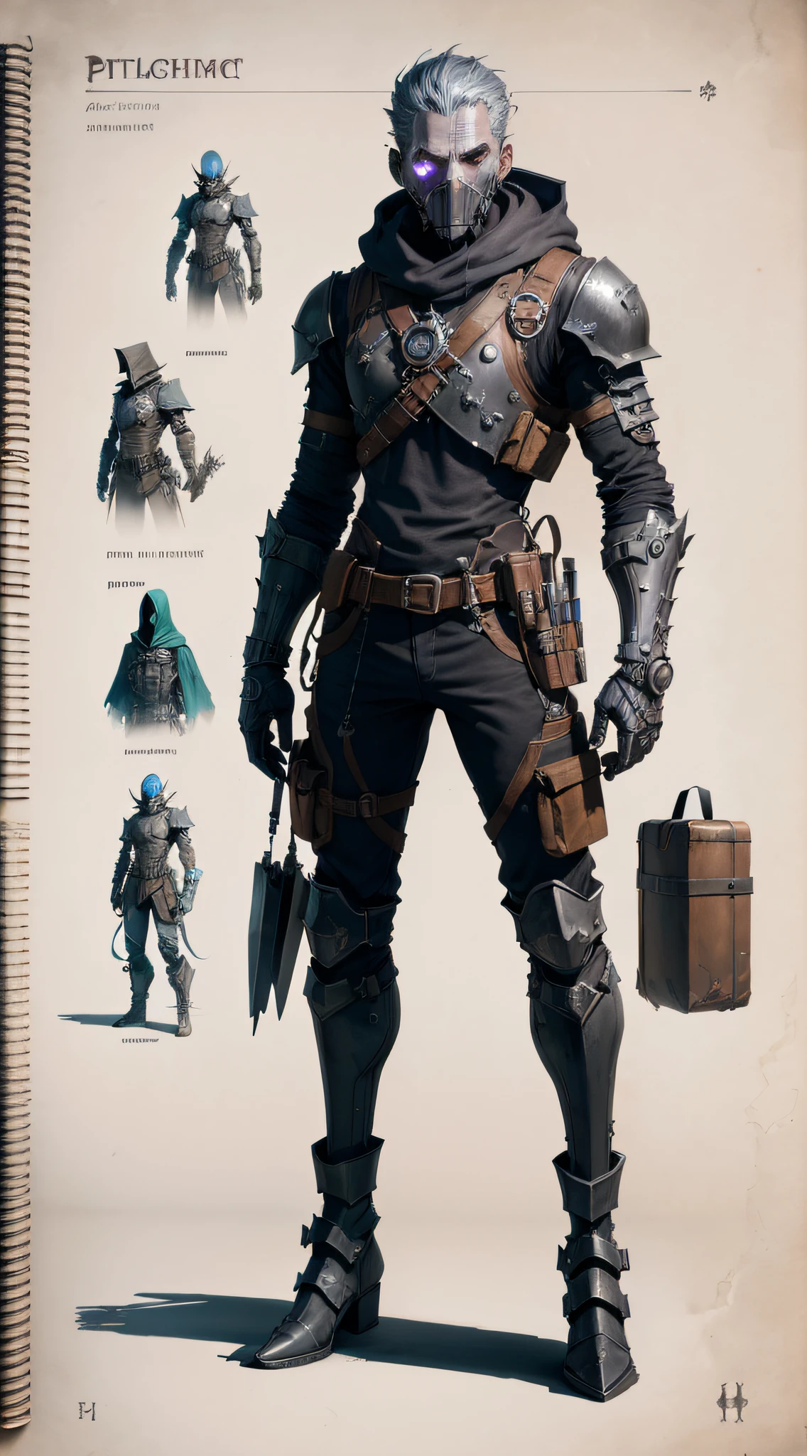 Alchemist NPC, bits of color, Sketch book, hand drawn, dark, gritty, realistic sketch, Rough sketch, mix of bold dark lines and loose lines, bold lines, on paper, character sheet, humanoid, Full body covered in metal, slik, sci-fi, ghostly theme, (((items and gear listed on the side)))