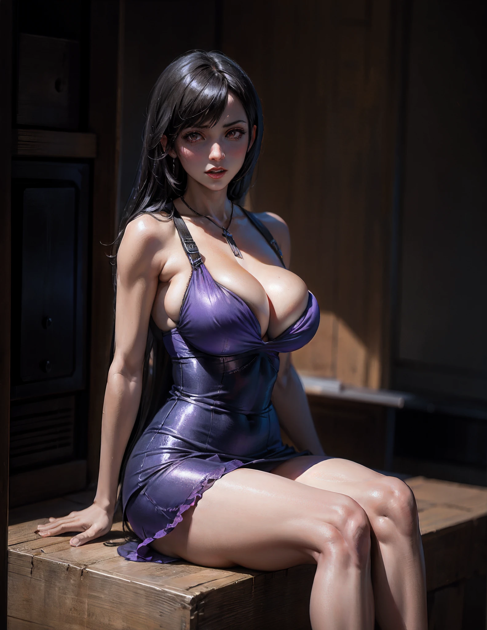 Tifa lockhart, huge breasts, long black hair, red eyes, purple dress, black lace trim