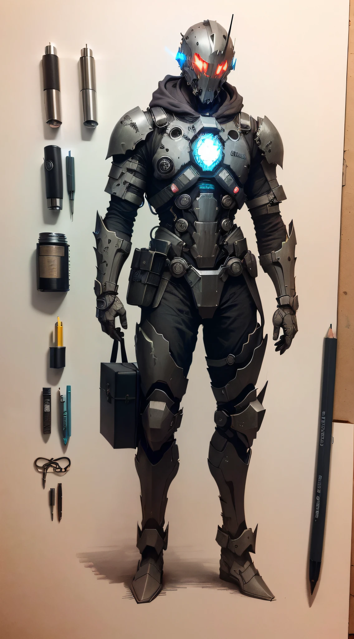 Light bulb NPC, bits of color, Sketch book, hand drawn, dark, gritty, realistic sketch, Rough sketch, mix of bold dark lines and loose lines, bold lines, on paper, character sheet, humanoid, Full body covered in metal, slik, sci-fi, ghostly theme, (((items and gear listed on the side)))