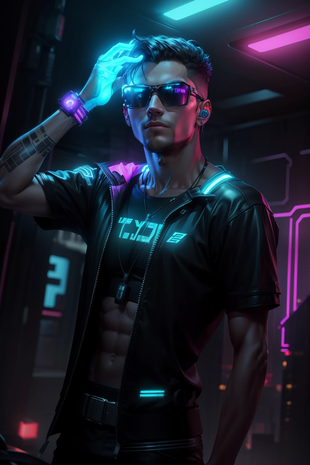 A man with a beard and headphones full of tattoos, cyberpunk art, funk art, stunning gradients, stylized full body like H 704, pompadour, twitch streamer, cool tones. Very detailed, T-800, no watermark signature, colorful, beyond