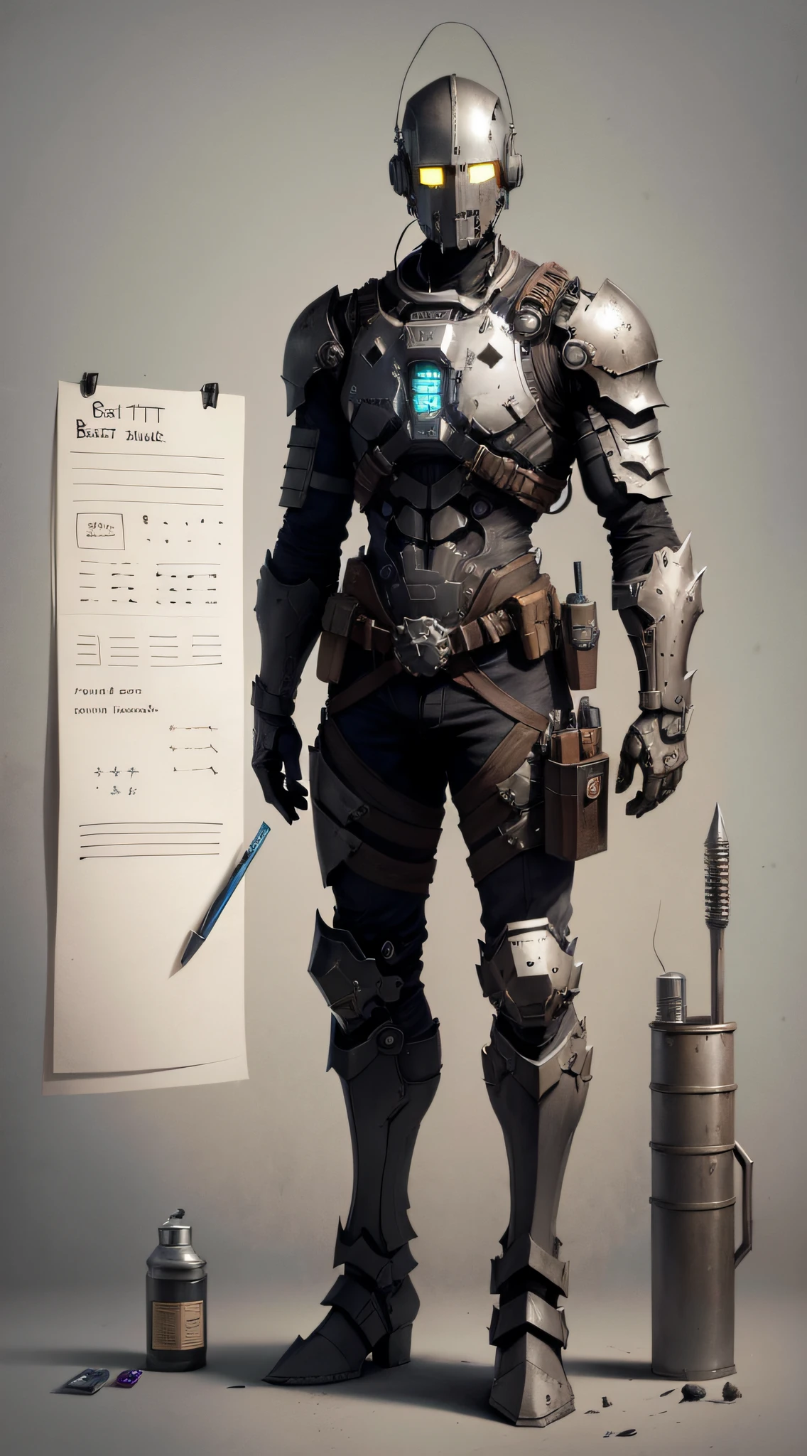 Light bulb NPC, bits of color, Sketch book, hand drawn, dark, gritty, realistic sketch, Rough sketch, mix of bold dark lines and loose lines, bold lines, on paper, character sheet, humanoid, Full body covered in metal, slik, sci-fi, ghostly theme, (((items and gear listed on the side)))