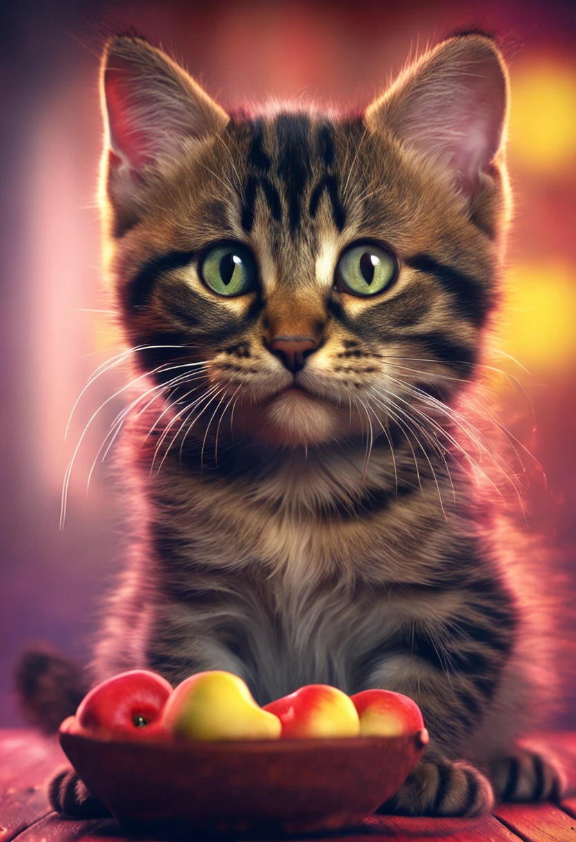 Cat eating an apple. Photo ultra realistic, colorful, intricate, ultra detailed artistic photography, colorful night aura, shadows, oil on canvas, brush strokes, smooth, ultra high definition, 32k, ultra sharp focus, intricate artwork masterpiece, ominous, matte painting movie poster, golden ratio, intricate, epic, highly detailed, vibrant, production cinematic character render, ultra high quality creation by Disney studios, photorealistic, seductively positioned,