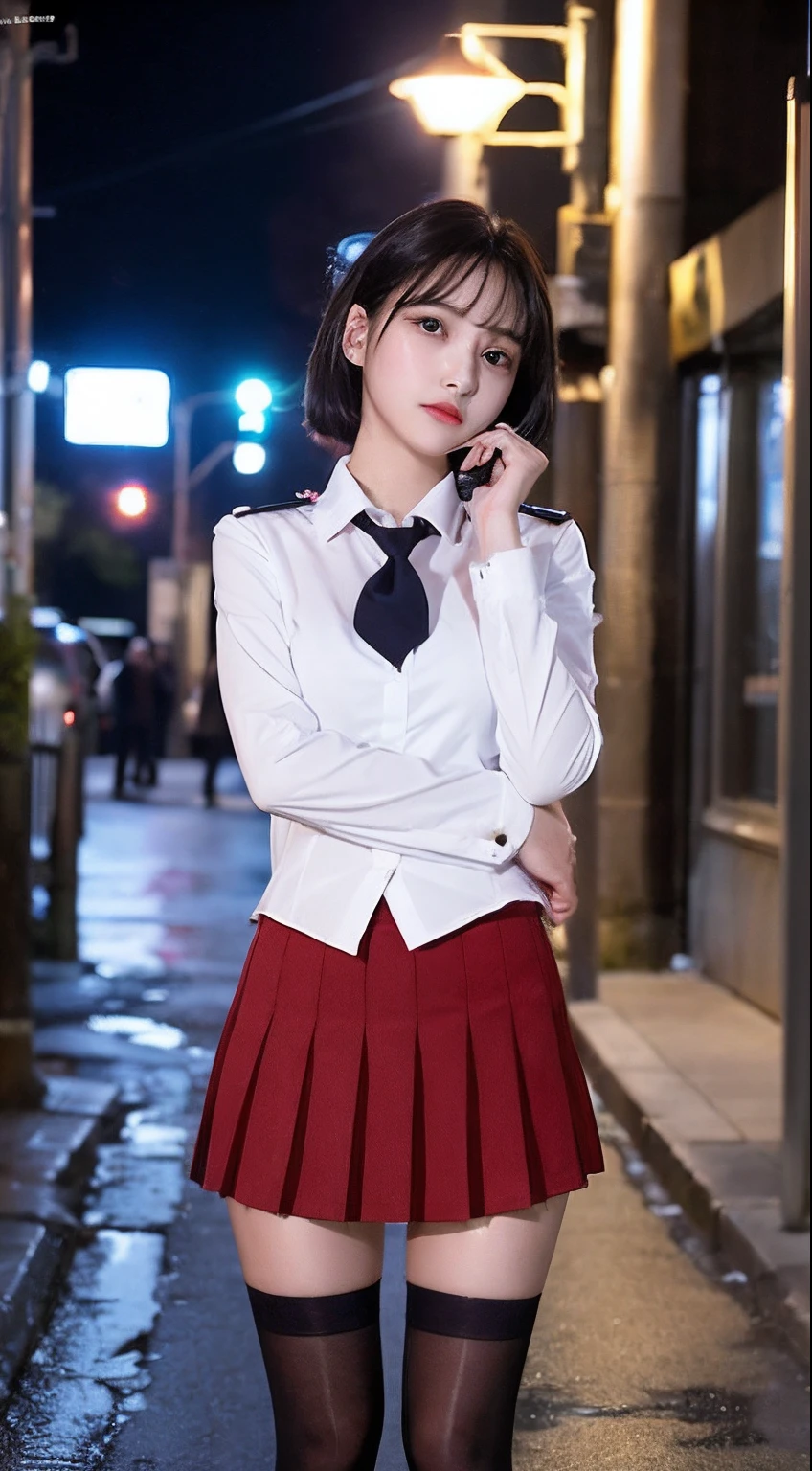 Girl in uniform drenched under street lamp、The lighting is dim、Water droplets run down the short hair、White shirt, red underwear looms、Bottom-up perspective、Hip skirt black stockings、high-definition picture quality、Delicate skin、face