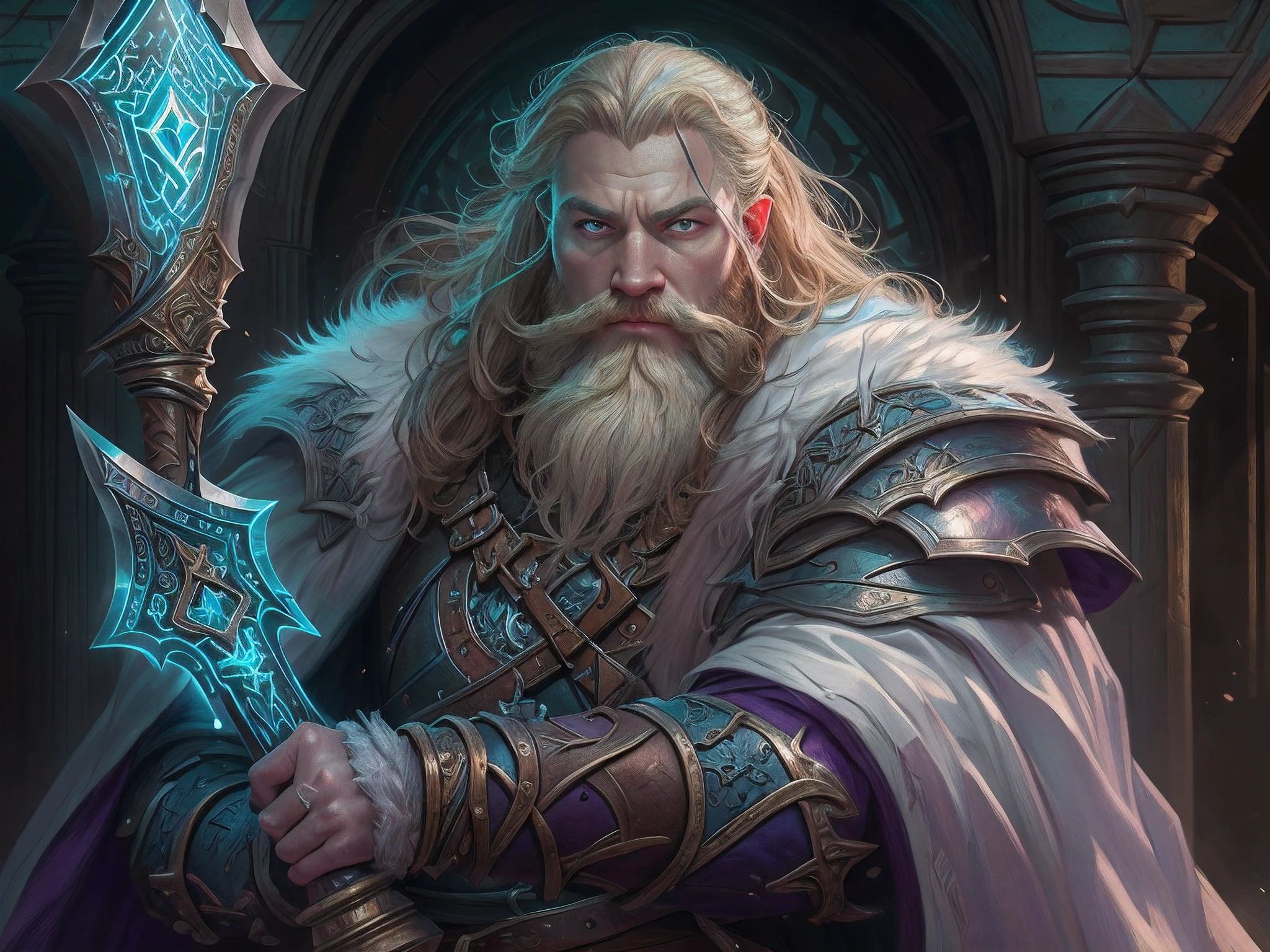 a picture of dwarf paladin of the crown protecting the palace, 1male dwarf, holy knight, protector of the crown, full body (best details, Masterpiece, best quality :1.5), blond hair, long hair, blond beard, full body (best details, Masterpiece, best quality :1.5), ultra detailed face (best details, Masterpiece, best quality :1.5), muscular, blond hair, long hair, braided hair, blue eyes, intense eyes, wearying heavy armor,  white armor (best details, Masterpiece, best quality :1.5), purple cloak, flowing cloak, armed with an axe fantasyaxe axe, glowing axe, glowing runes on axe, GlowingRunes_purple,  fantasy palace background, D&D art, RPG art, magical atmosphere magic-fantasy-forest, ultra best realistic, best details, best quality, 16k, [ultra detailed], masterpiece, best quality, (extremely detailed), ultra wide shot, photorealism, depth of field, hyper realistic painting,