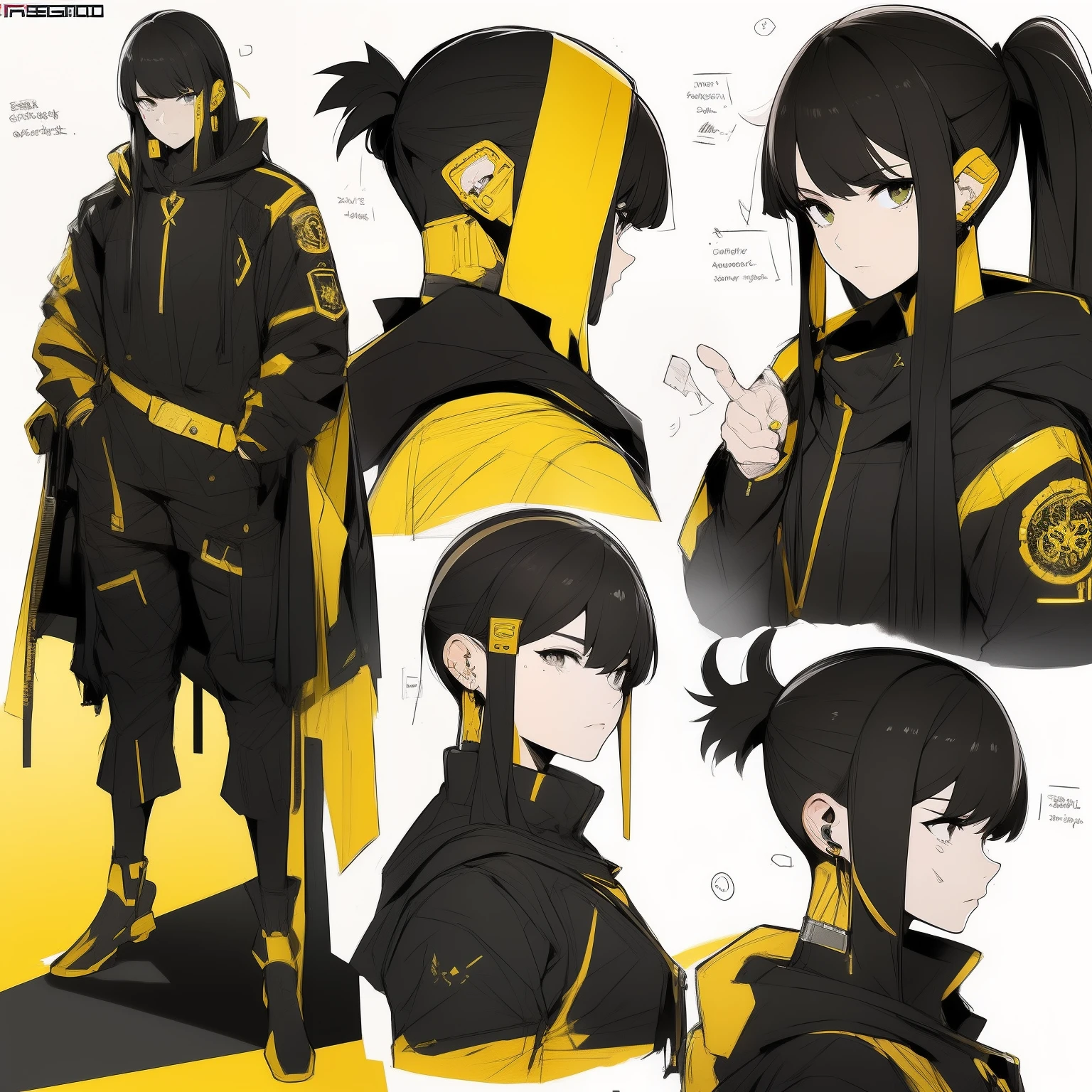 Yellow theme，Masterpiece,Best quality,offcial art,Extremely detailed Cg Unity 8K wallpaper,1girll, Joy, anger and sorrow on all kinds of expressions，Single ponytail hairstyle，Glowing fist，Mechanical headphones，（（（Yellow combat uniform））），a black cloak，Holding a laser metal weapon，White hair，character  design，juesesheji，Sketch line drawings,