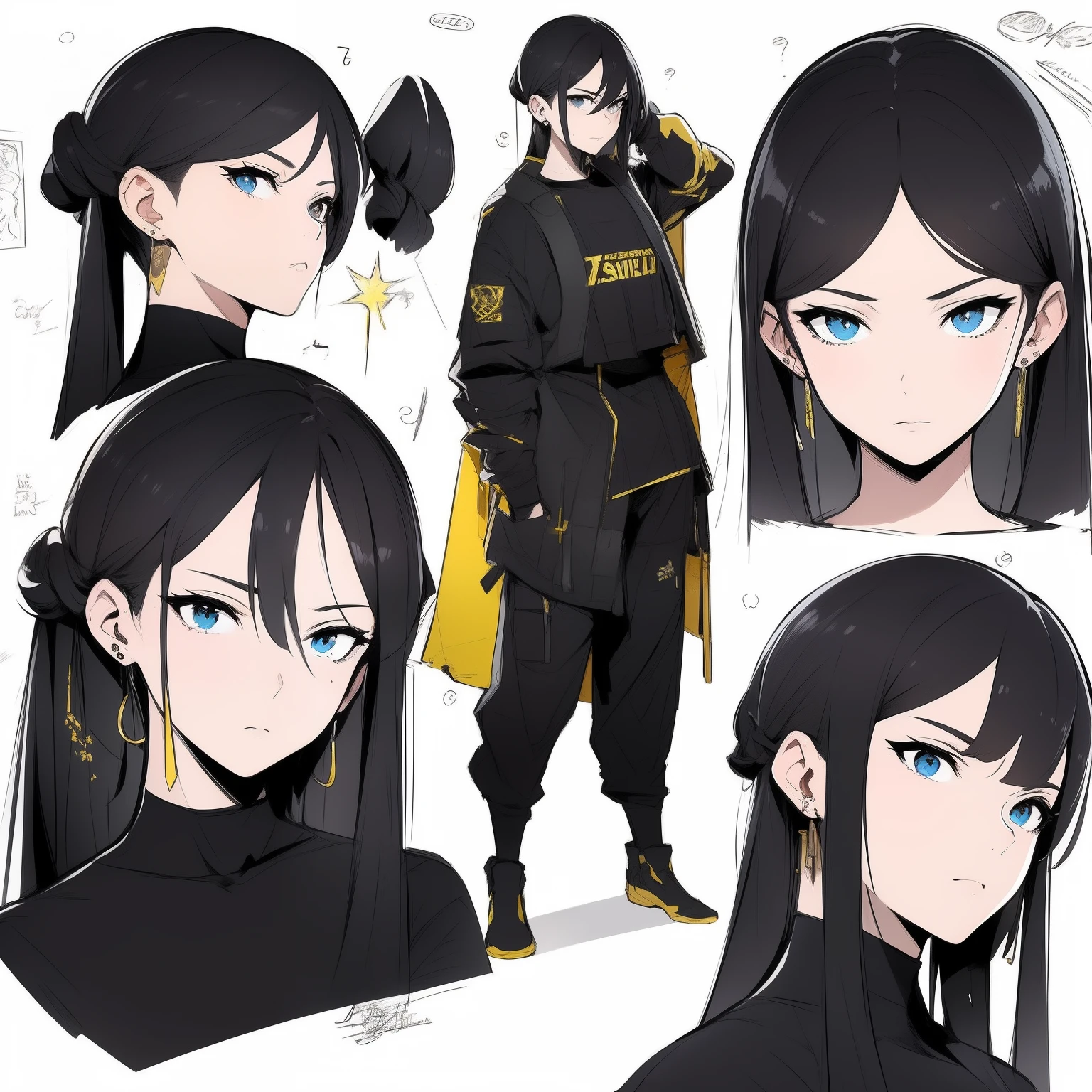 Yellow theme，Masterpiece,Best quality,offcial art,Extremely detailed Cg Unity 8K wallpaper,1girll, Joy, anger and sorrow on all kinds of expressions，Single ponytail hairstyle，Glowing fist，Mechanical headphones，（（（Yellow combat uniform））），a black cloak，Holding a laser metal weapon，White hair，character  design，juesesheji，Sketch line drawings,