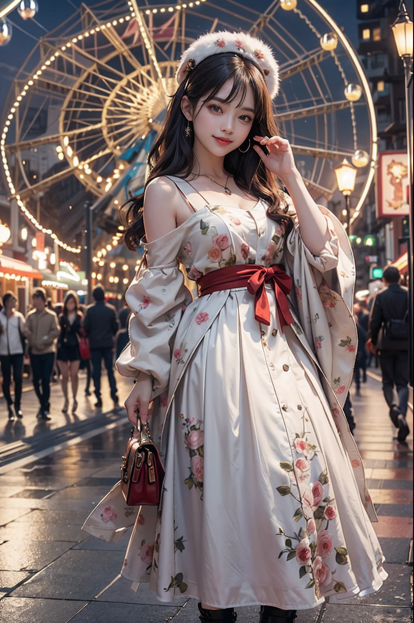 (8K、top-quality、超A high resolution、​masterpiece:1.2)、(Photorealsitic:1.4)、(detailed skins:1.3)、女の子1人、Beautiful model at 18 years old、Perfect Style、Beautiful Japan actress、Fashionable clothing、Trendy clothes、(Detail Eye) 、A smile、(Night amusement park、Lit up、illuminations)、Luminous balloon、Happiness、the Ferris wheel、merry-go-round、rollercoaster、Elaborate CG 8K wallpapers、(dynamicposes:1.2)、full body Esbian、beautiful  lighting、profetional lighting、(foco nítido)
