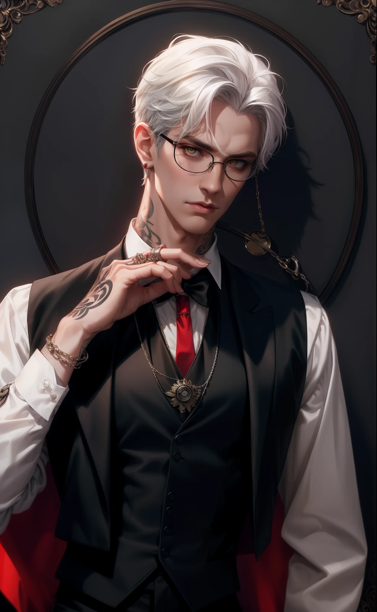 (Masterpiece,Best quality,Supergianthugebreasts_Detailed,A high resolution,absurderes),1boys, Male focus, tattoo, Solo, White hair,chain, shirt, black necktie, tiese, Simple background, Yellow eyes, Upper body, vest, Short hair, view the viewer, parted lip, Collared shirt, circle glasses, Long sleeves, neck tattoo, Put your hand on your shoulder, arm tattoos, Black shirt, Red background, Brown vest, monocle, jewelry (looks away:1.2)