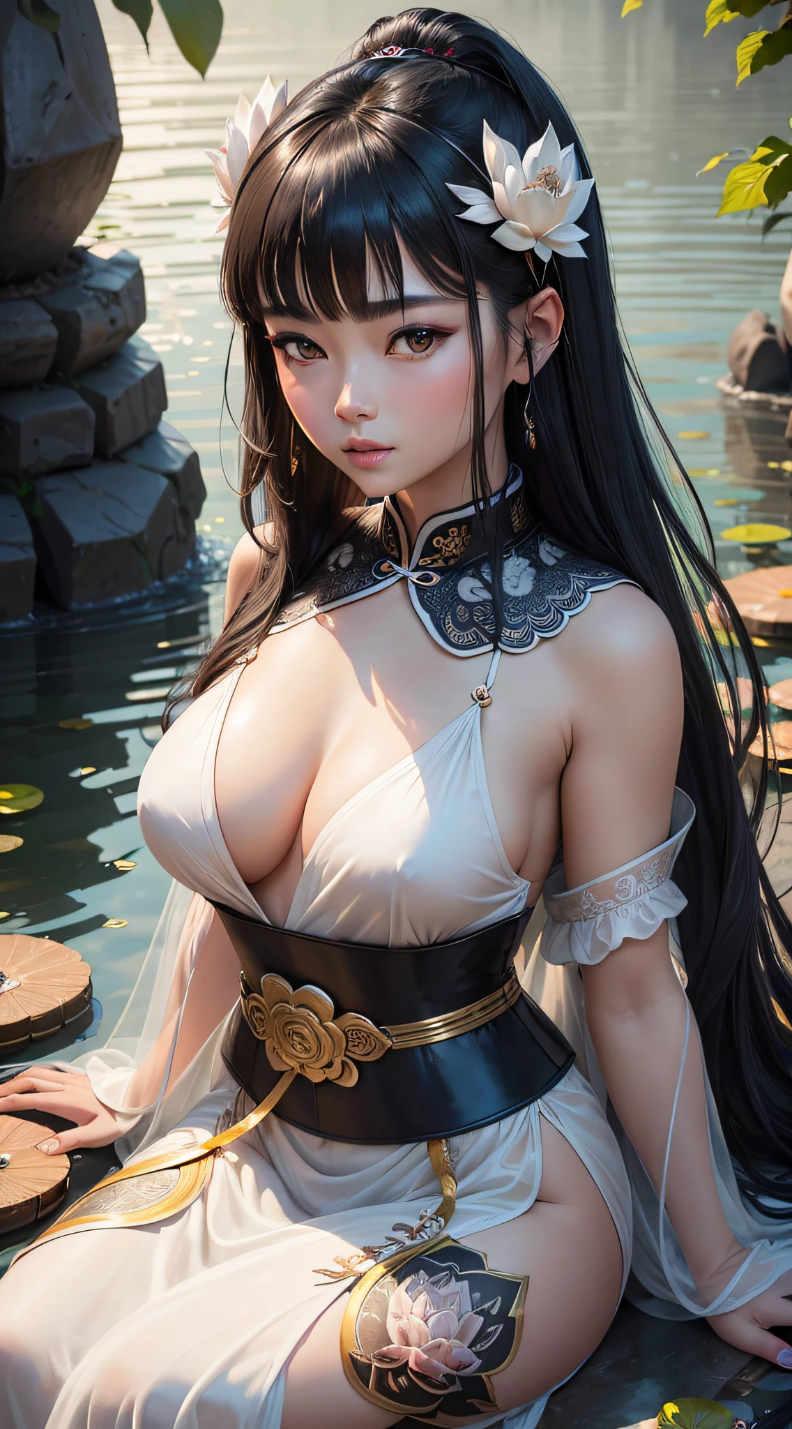 Ancient Chinese beauties sit on stones,wearing ancient Chinese costume,Flowing tulle,Light silk,Lazy posture,large lotus leaf,lotuses,Ink painting style,very vey very detailed face,very detailed eyes and faces,beatiful detailed eyes,clean color,Decisive cut,Leave white space,impressionistic,tmasterpiece,ultra-detailliert,Epic composition, high qulity, HighestQuali, 4k --auto --v 6