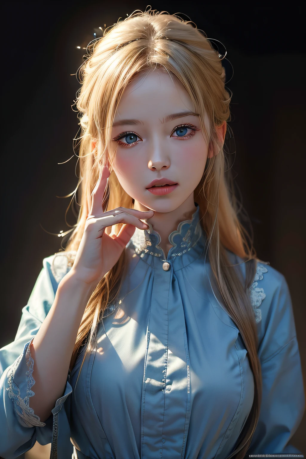 (8K, Best quality, Masterpiece:1.2), (Realistic, photo-realistic:1.37), Realistic fingers, Ultra-detailed, Detail fingers, Detailed portrait of 1 21-year-old girl, Cool outfit, Beautiful girl, British girl, Pale skin, Perfect body, nice abs, Blue eyes, blond hairbl. The scene is illuminated by professional lighting, photon maping, and radiosity, Tetsuya Yonomura. Blur bokeh effect, Realistic light.