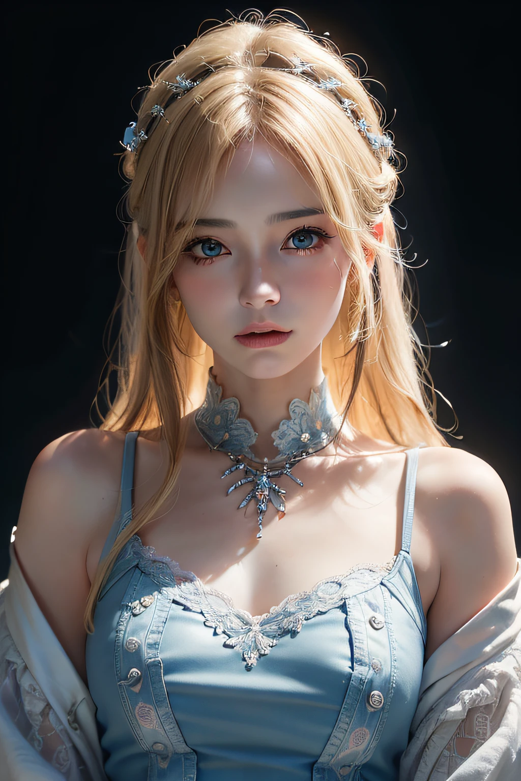 Concept art of a stunning woman with blonde hair, captured in a close-up shot highlighting the shadow and intricate detailing of her lacy bra, using Octane render to achieve a picturesque image