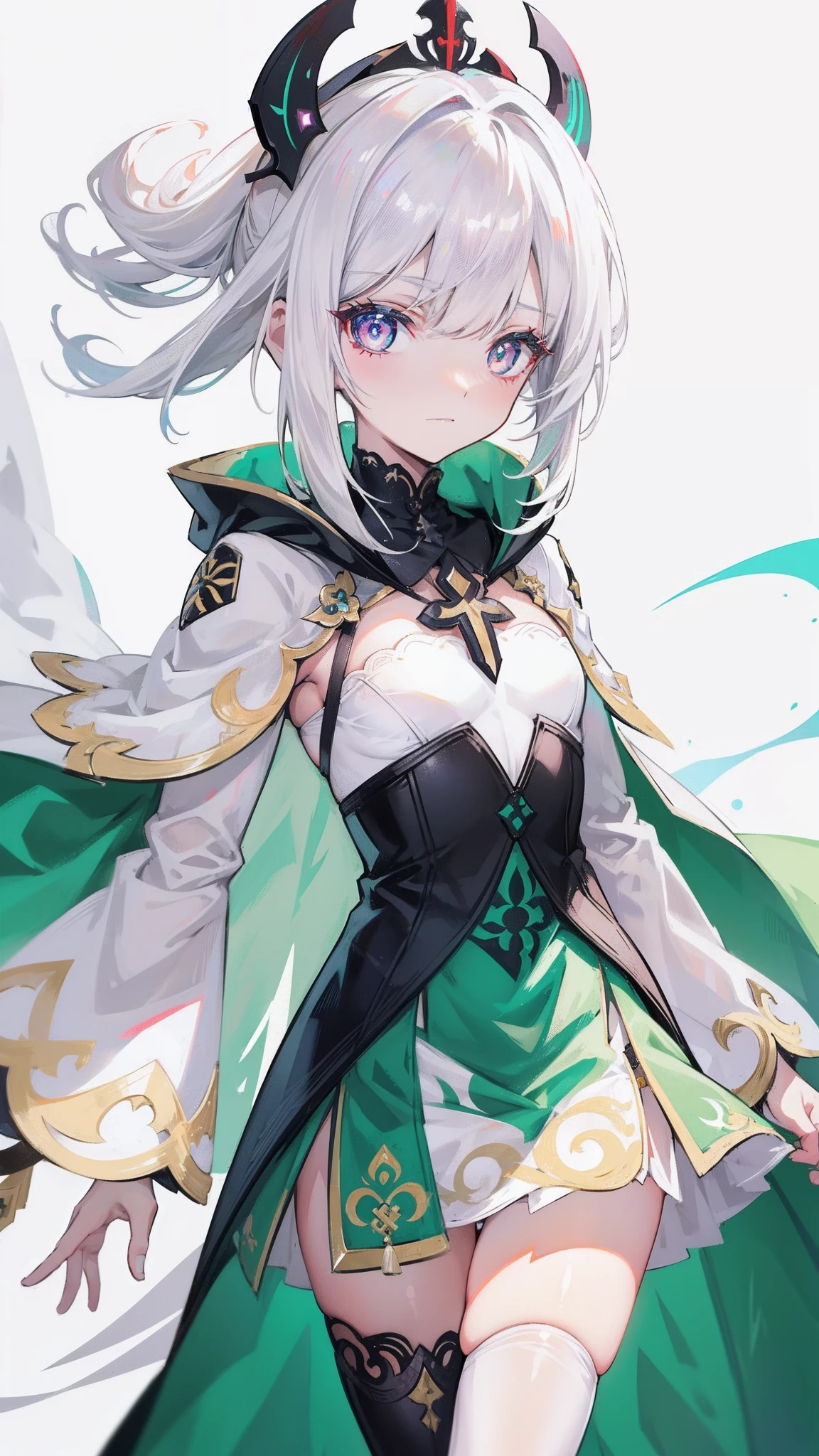 Nahida_Genshin,(White hair),cross-shaped pupils,default_dress,Green cape,