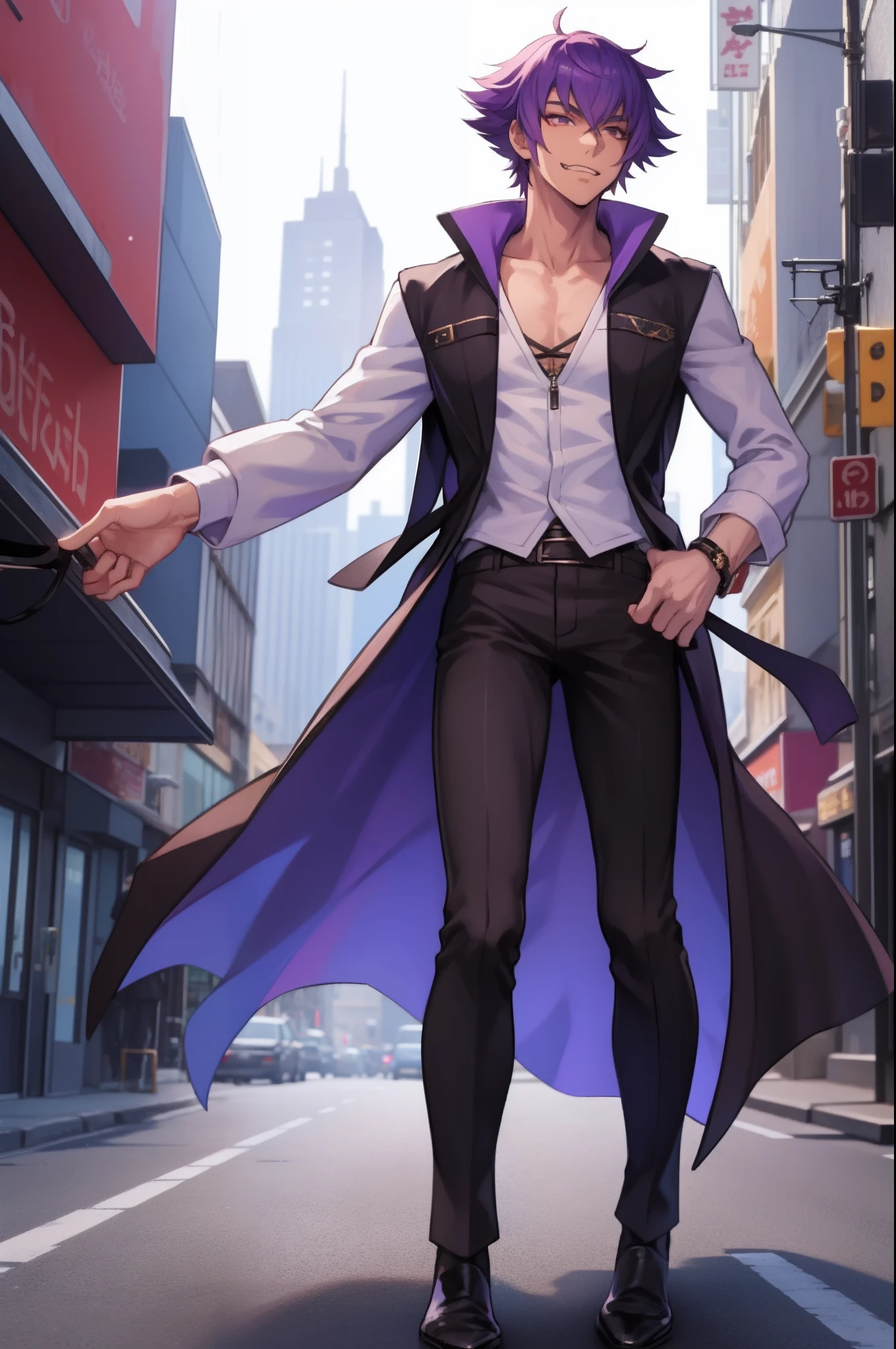 mirokujiyuuya, yanke, short hair, purple hair, ,, vest, pants, ,, pullover, coat, smug, standing, solo focus, full body, walking, city, one character,, 1boy, glass, smug, arrogant,mid muscular,