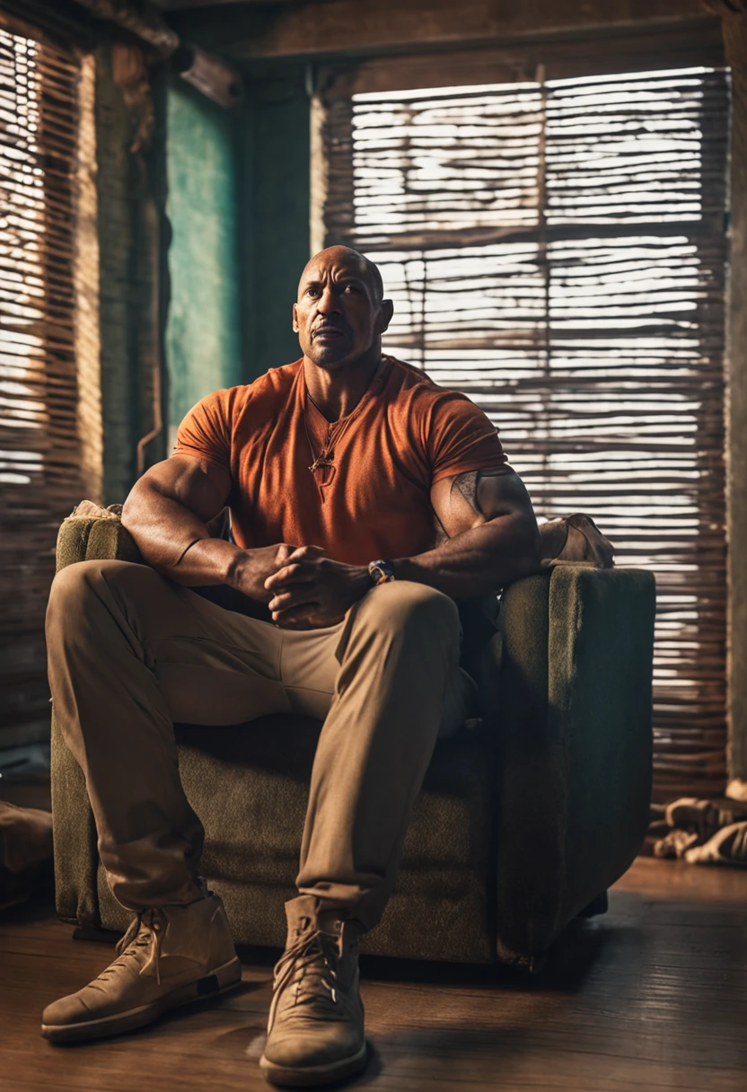 make a men like DWAYNE JHONSON sitting in a chair and looks poor and sad, hd, 16:9