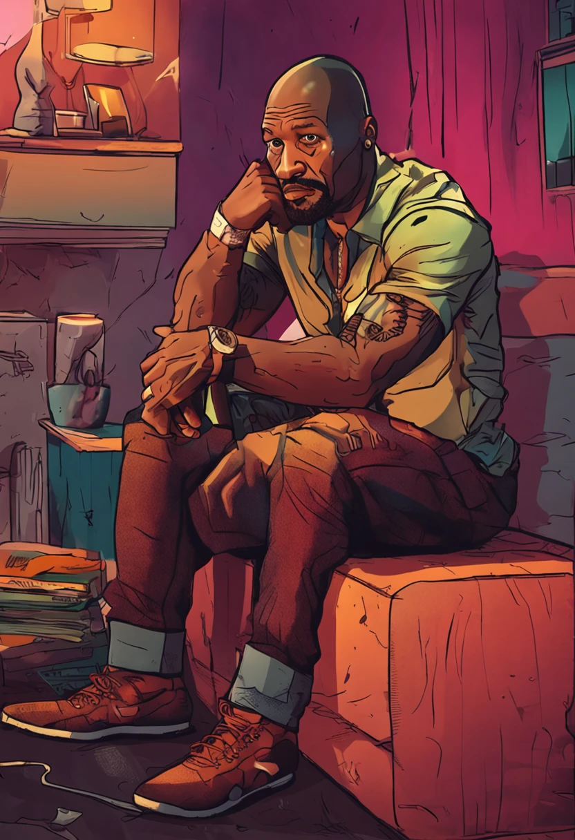 arafed man sitting on a couch with a cigarette in his hand, shadowrun character art, cyberpunk dude, cyberpunk street goon, highly detailed character, cyberpunk character art, detailed character art, badass pose, comic book character, detailed character, comic character, badass look, highly detailed character design, handsome guy in demon slayer art, cyberpunk character, official character art