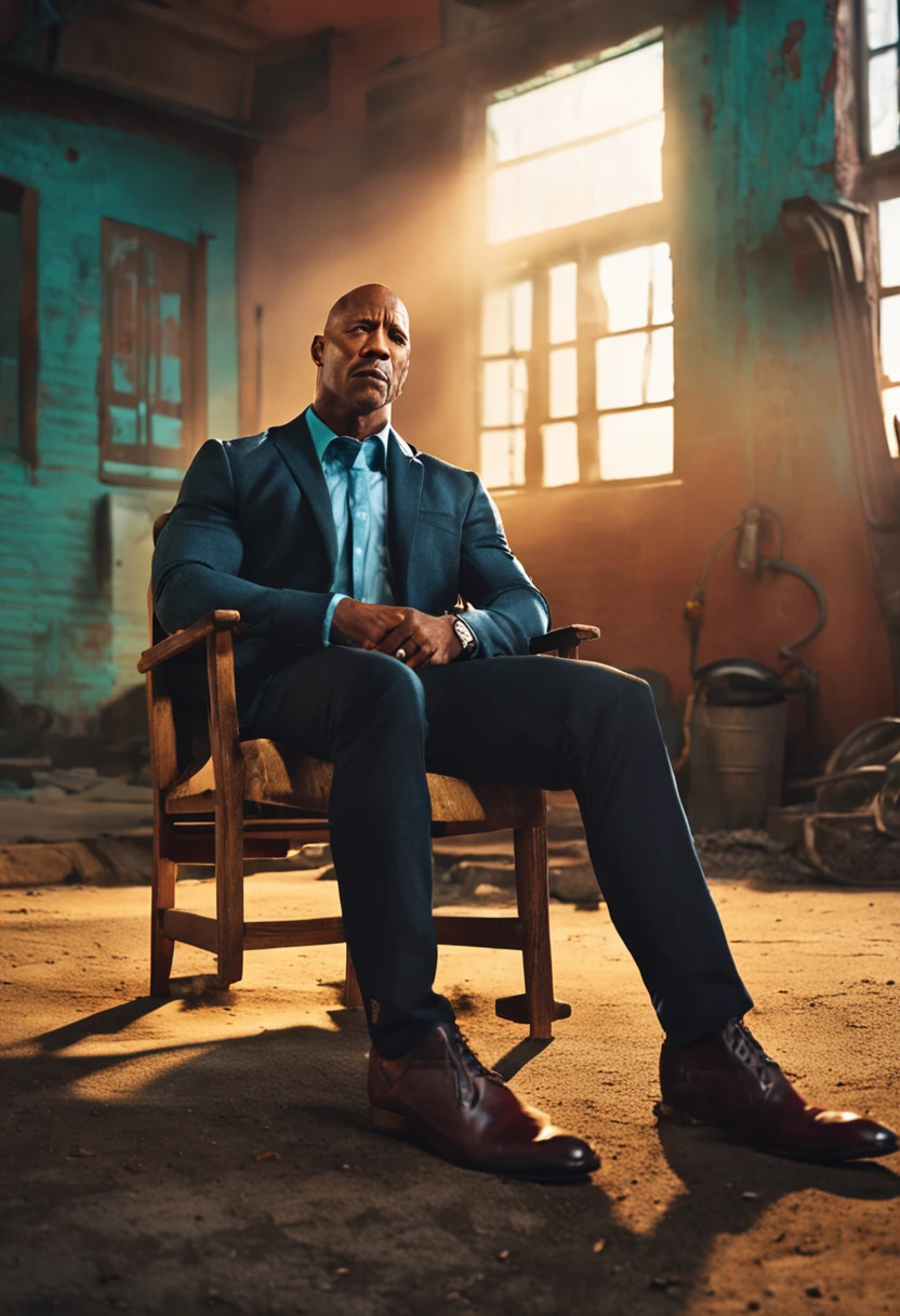 make a men like DWAYNE JHONSON sitting in a chair and looks poor and sad, hd, 16:9