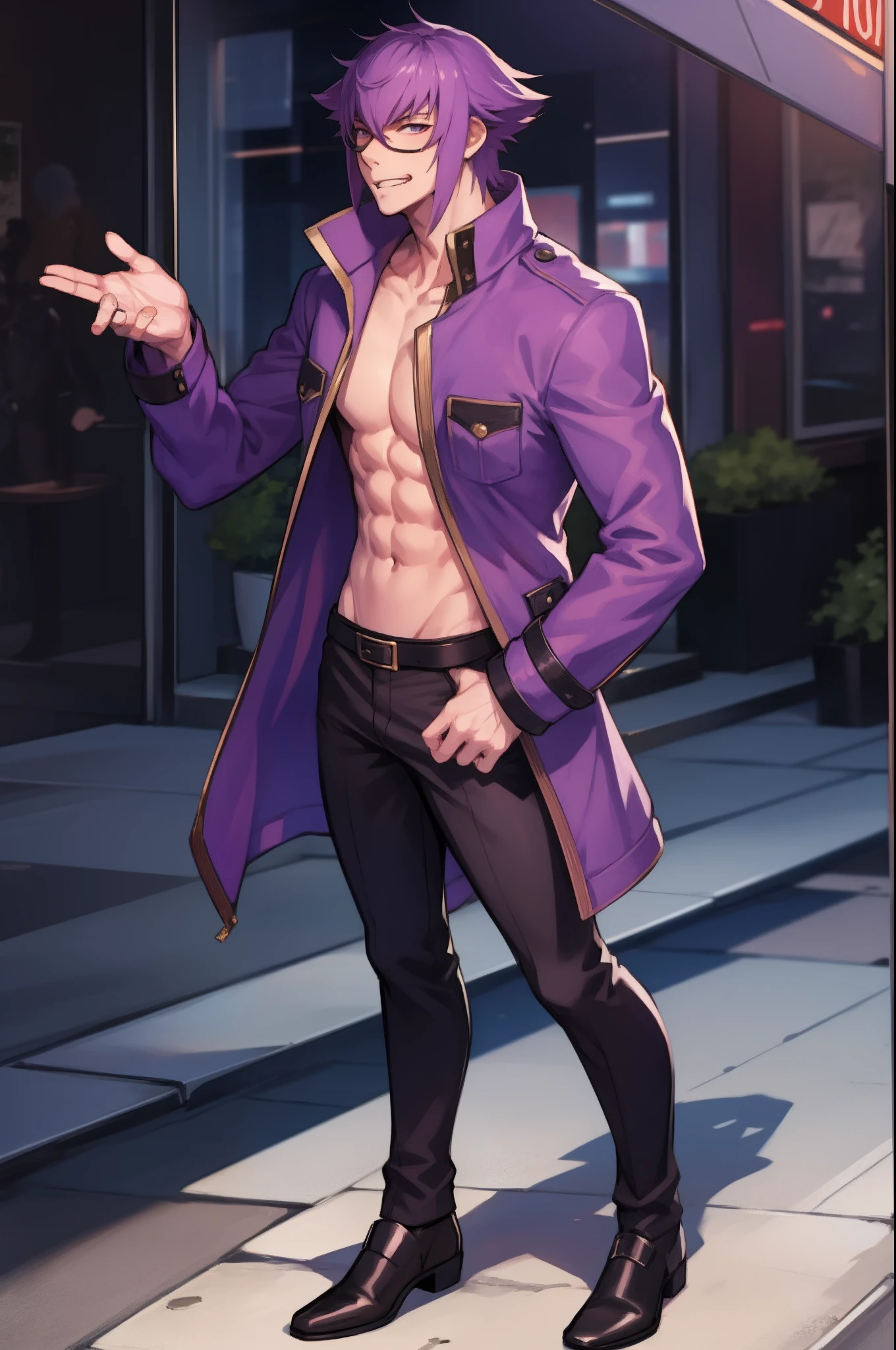mirokujiyuuya, yanke, short hair, purple hair, ,, vest, pants, ,, pullover, coat, smug, standing, solo focus, full body, walking, city, one character,, 1boy, glass, smug, arrogant,mid muscular,